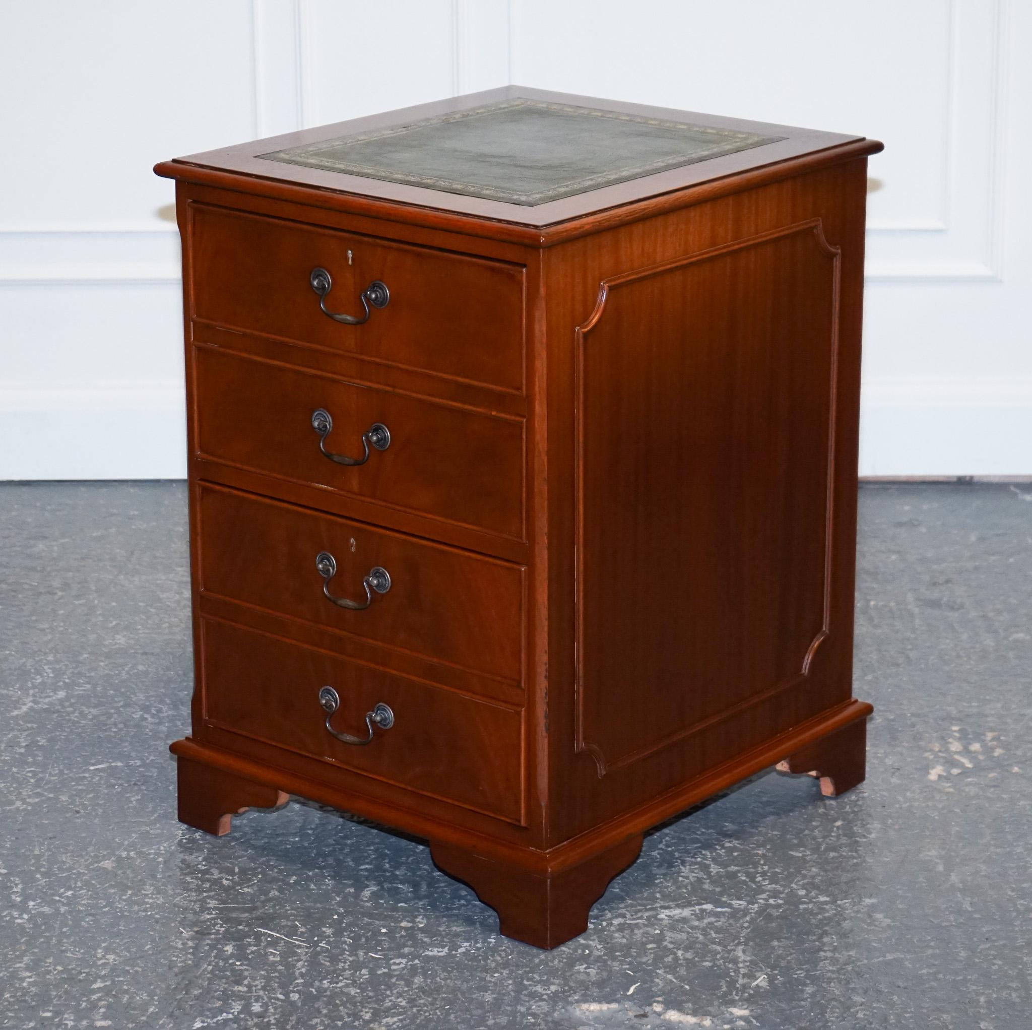 British Yew Wood Green Leather Top Filling Cabinet For Sale
