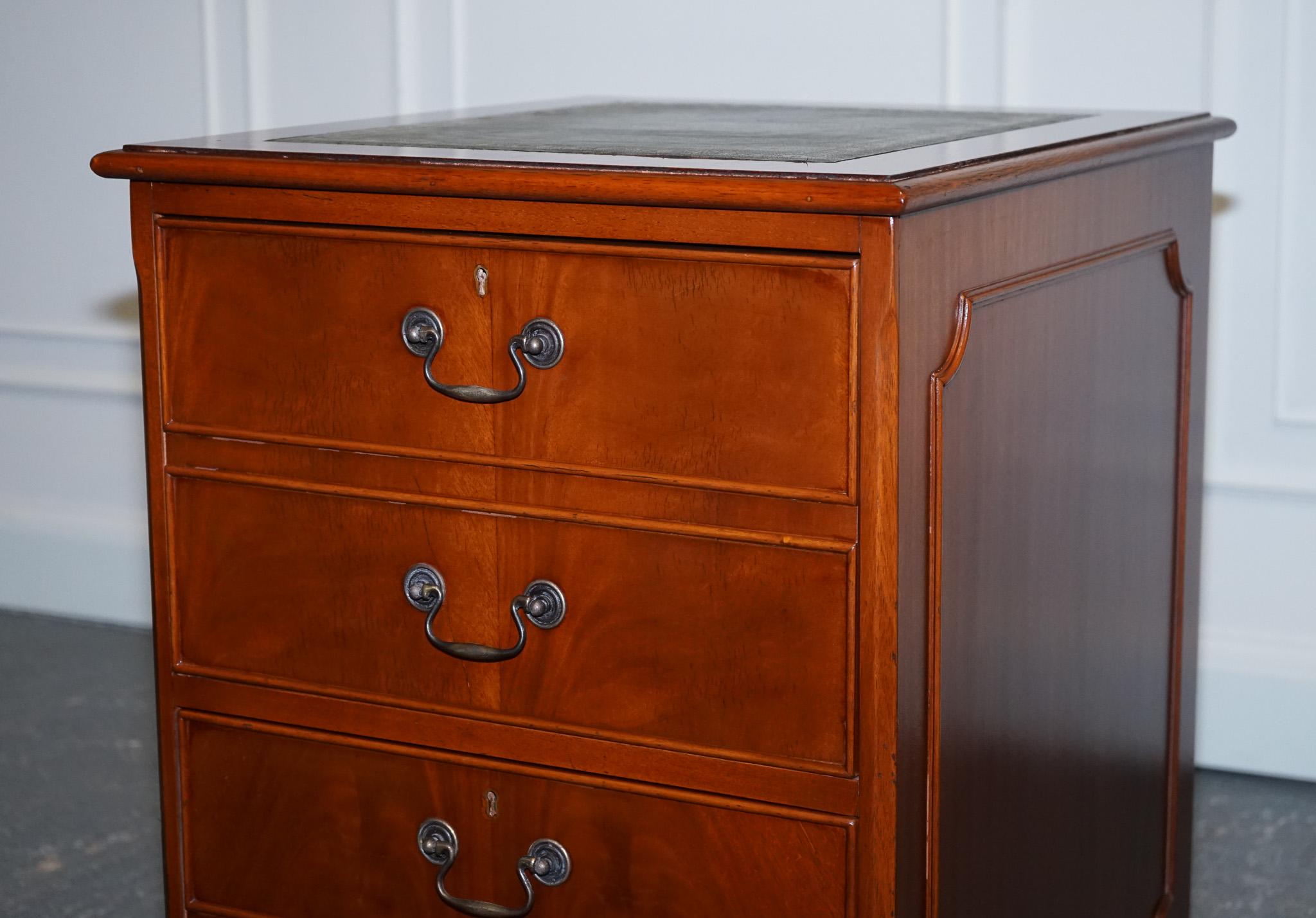 Yew Wood Green Leather Top Filling Cabinet In Good Condition For Sale In Pulborough, GB