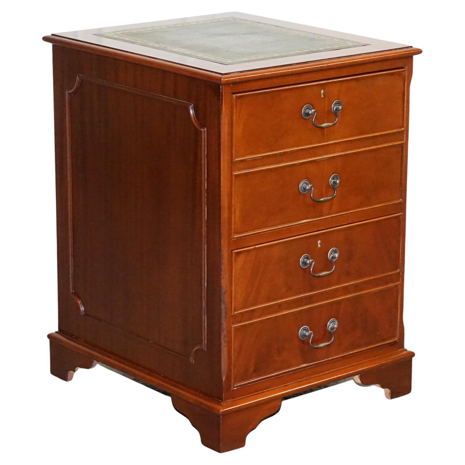 Yew Wood Green Leather Top Filling Cabinet For Sale