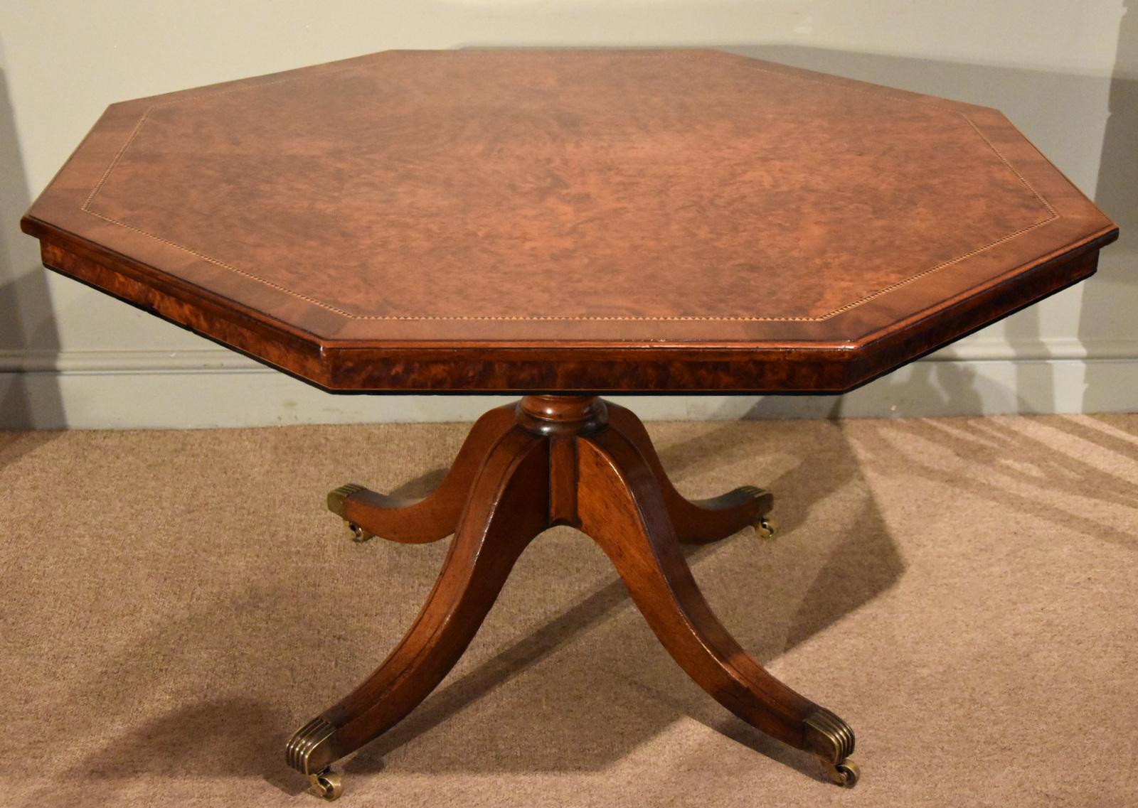 Mid-19th century yew wood hexagonal table inlaid stamped gillows. This table has been through the wars, the base was lost and 1820 base was put on so exceptional top with an earlier base marriage.

Dimensions:
Height 28