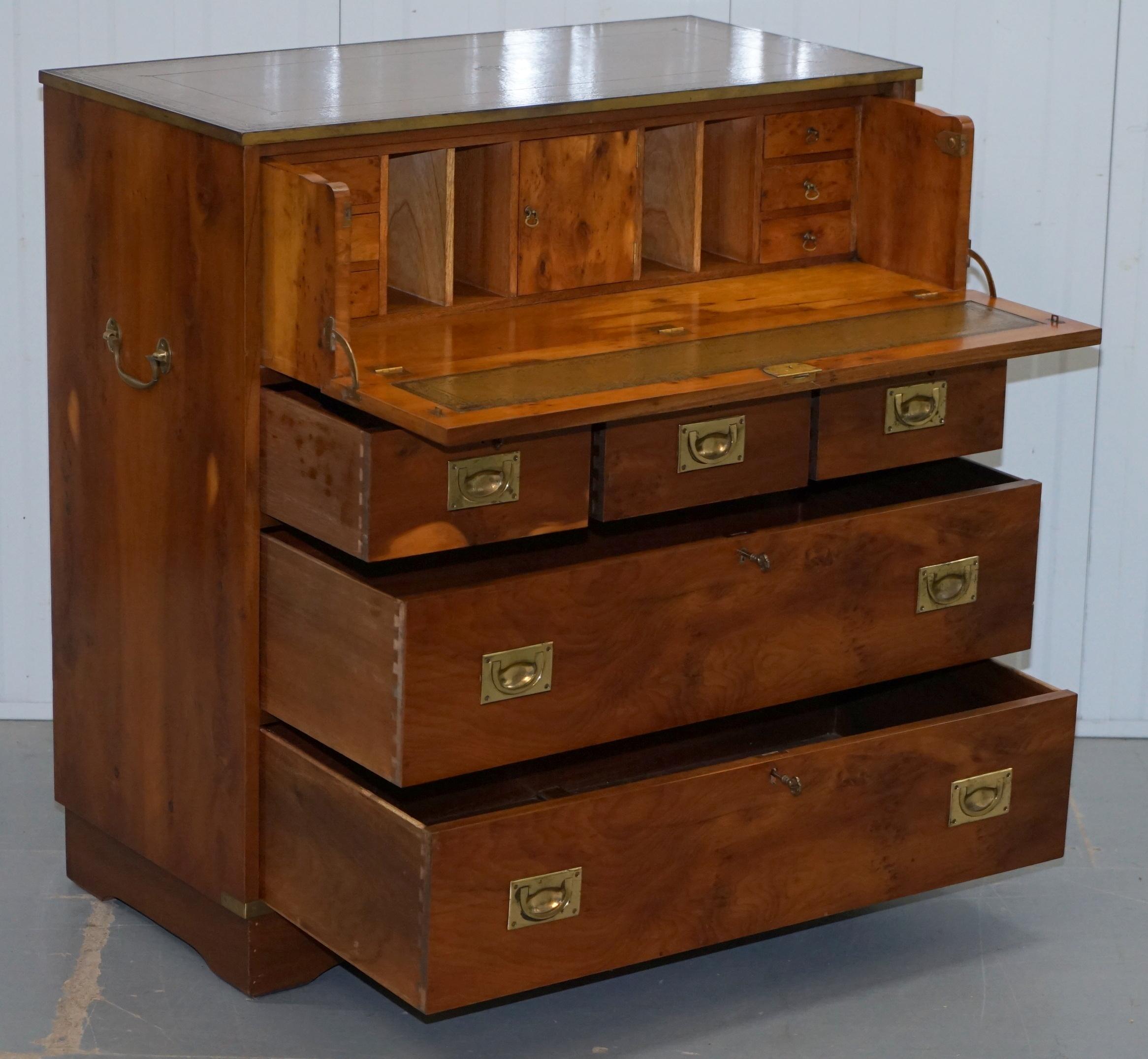 Yew Wood Leather Top Campaign Chest of Drawers Bureau Built in Desk Secrataire 4