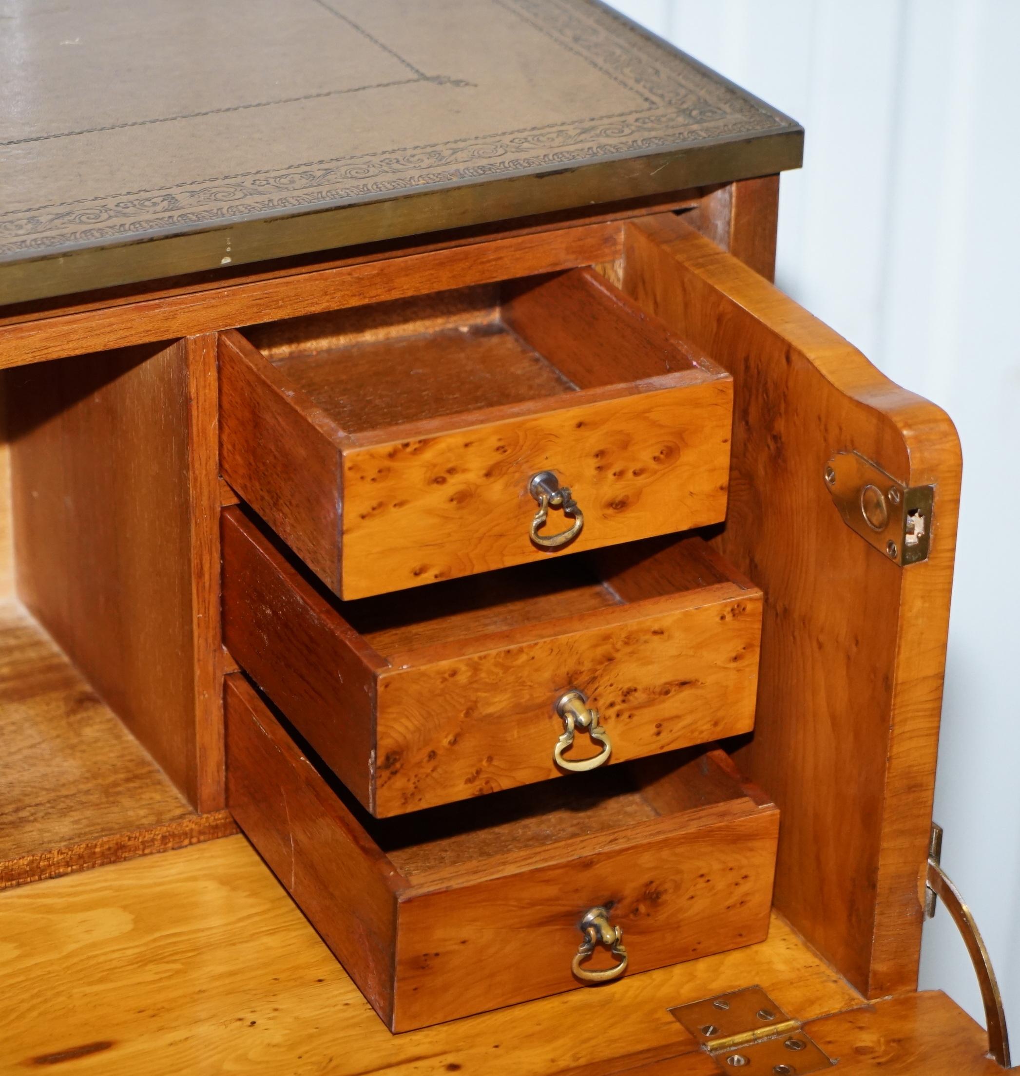 Yew Wood Leather Top Campaign Chest of Drawers Bureau Built in Desk Secrataire 10