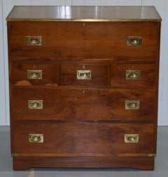 Yew Wood Leather Top Campaign Chest of Drawers Bureau Built in Desk Secrataire