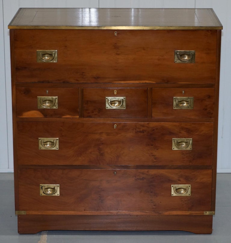 Yew Wood Leather Top Campaign Chest of Drawers Bureau Built in Desk