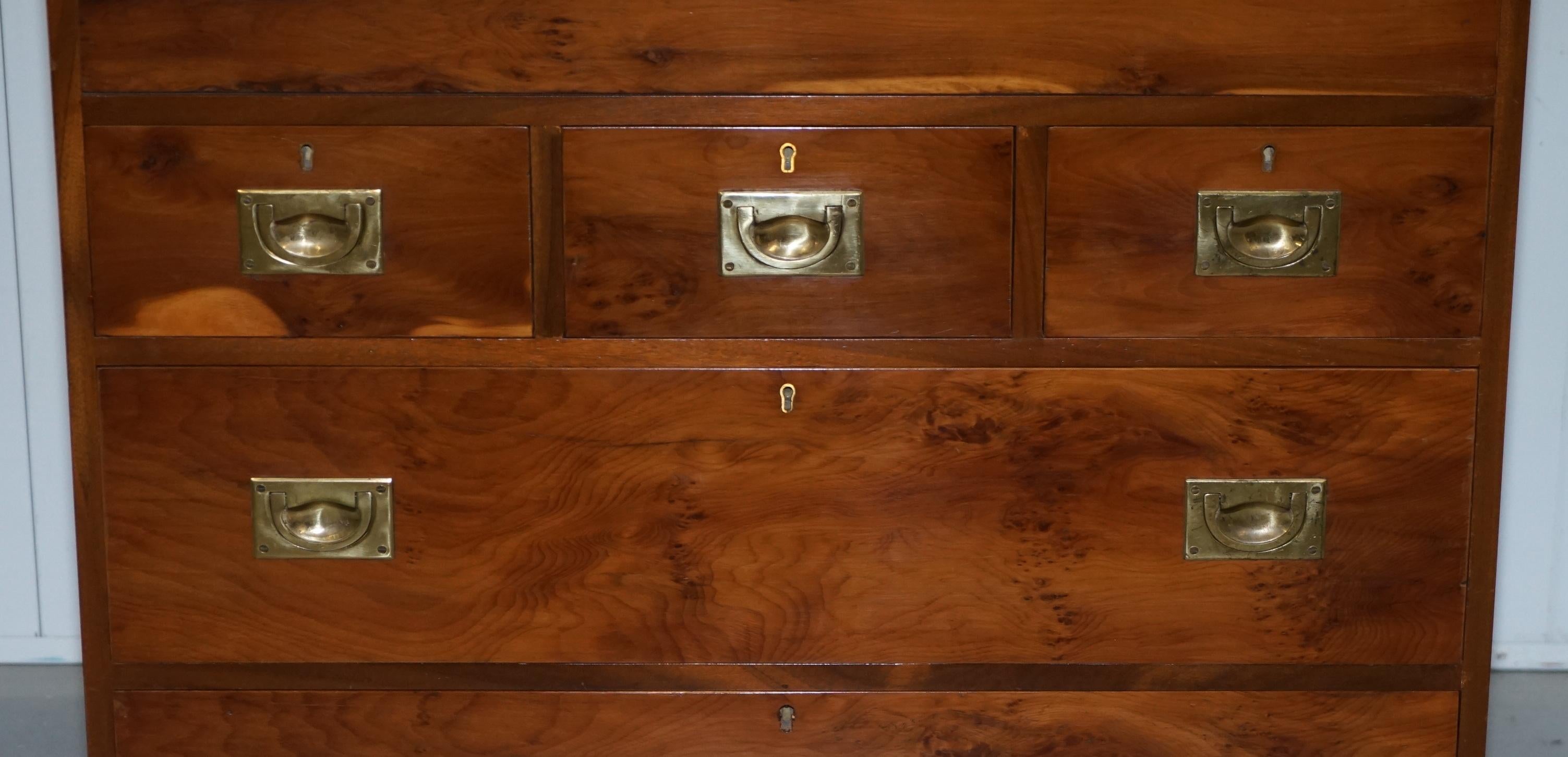 Mid-Century Modern Yew Wood Leather Top Campaign Chest of Drawers Bureau Built in Desk Secrataire