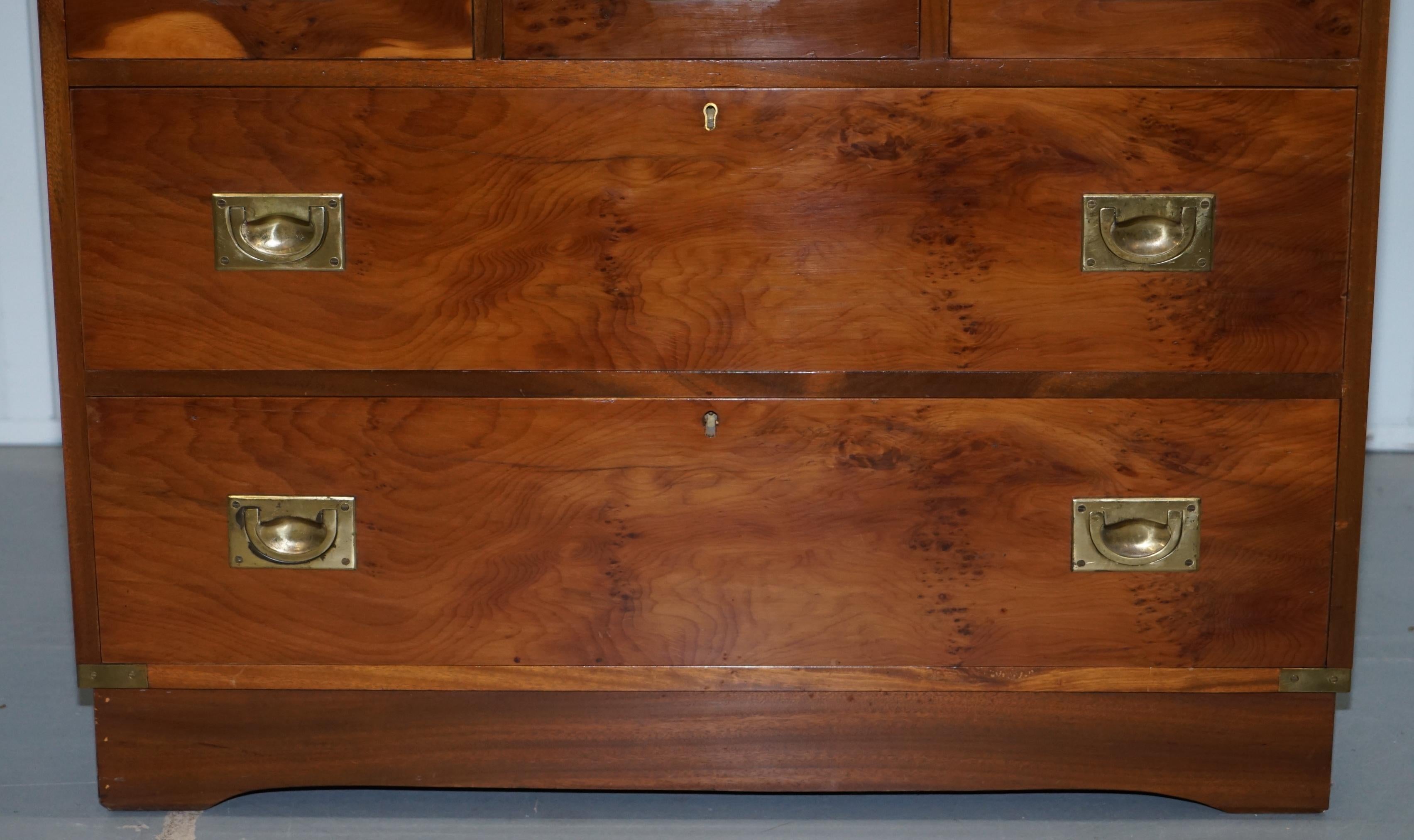 English Yew Wood Leather Top Campaign Chest of Drawers Bureau Built in Desk Secrataire