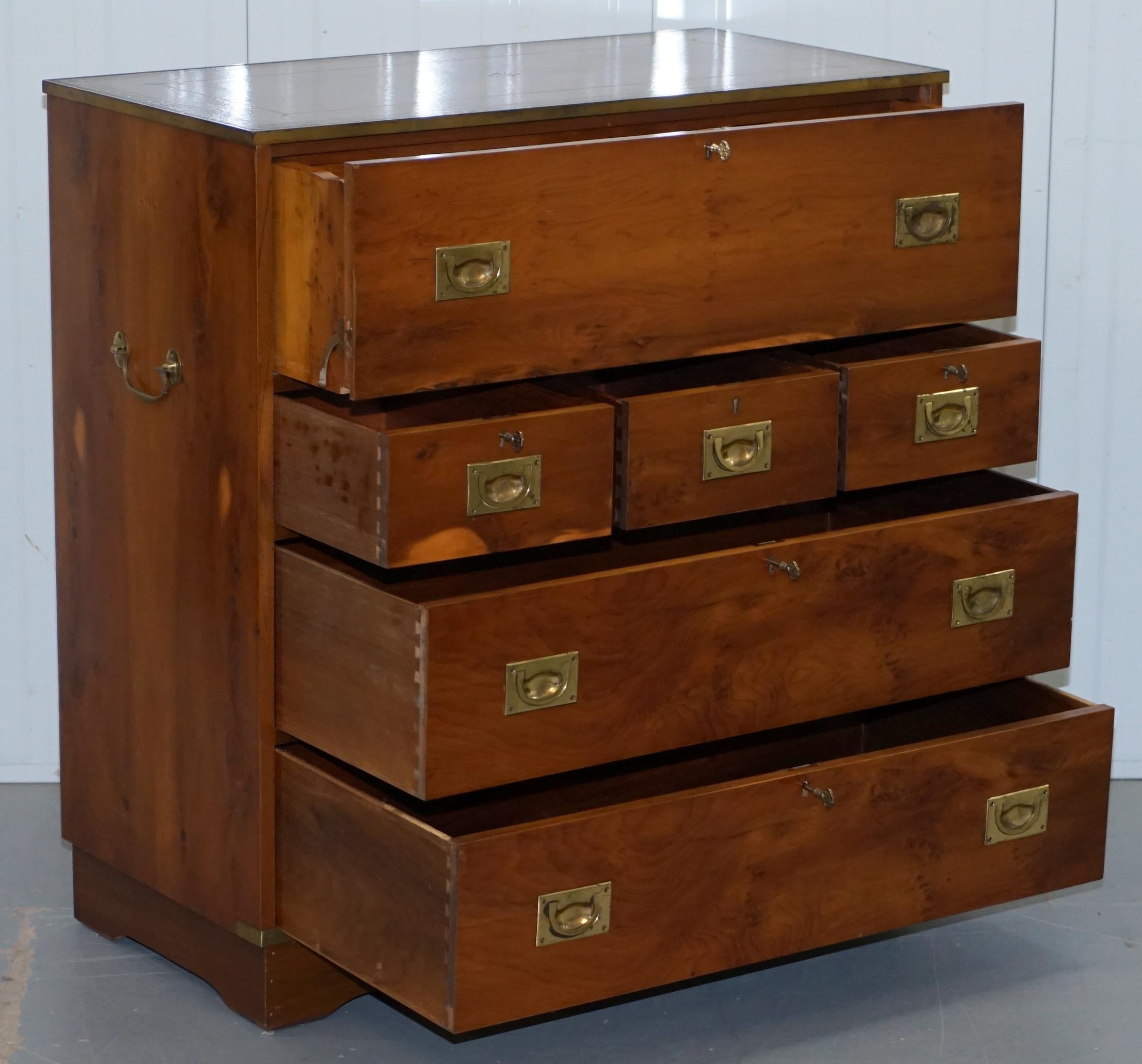 20th Century Yew Wood Leather Top Campaign Chest of Drawers Bureau Built in Desk Secrataire