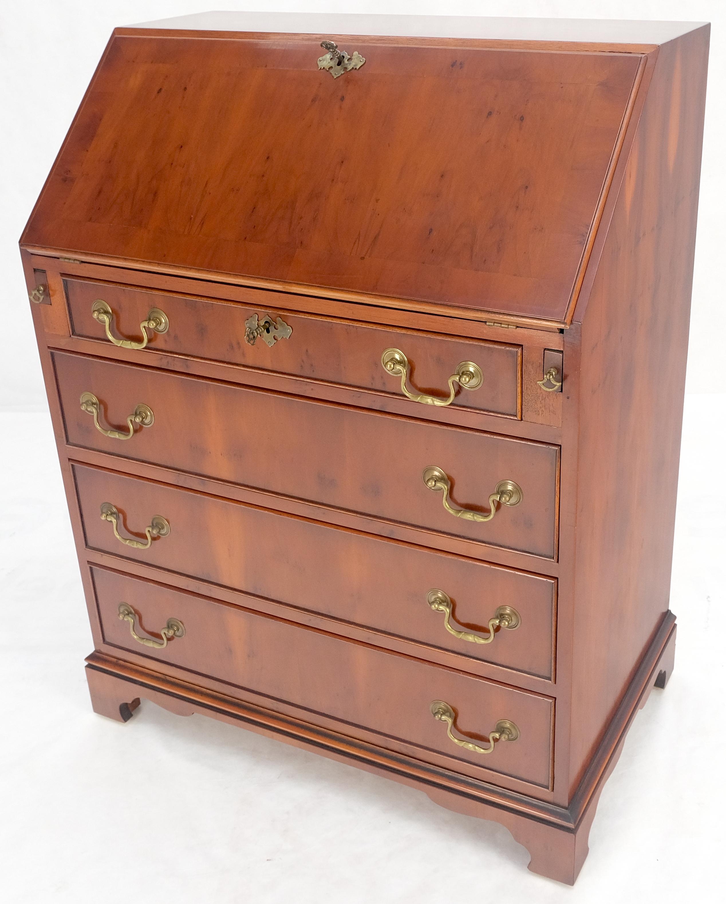 Yew Wood Leather Top Drop Front Secretary Desk 3 Drawers Brass Hardware MINT! For Sale 4