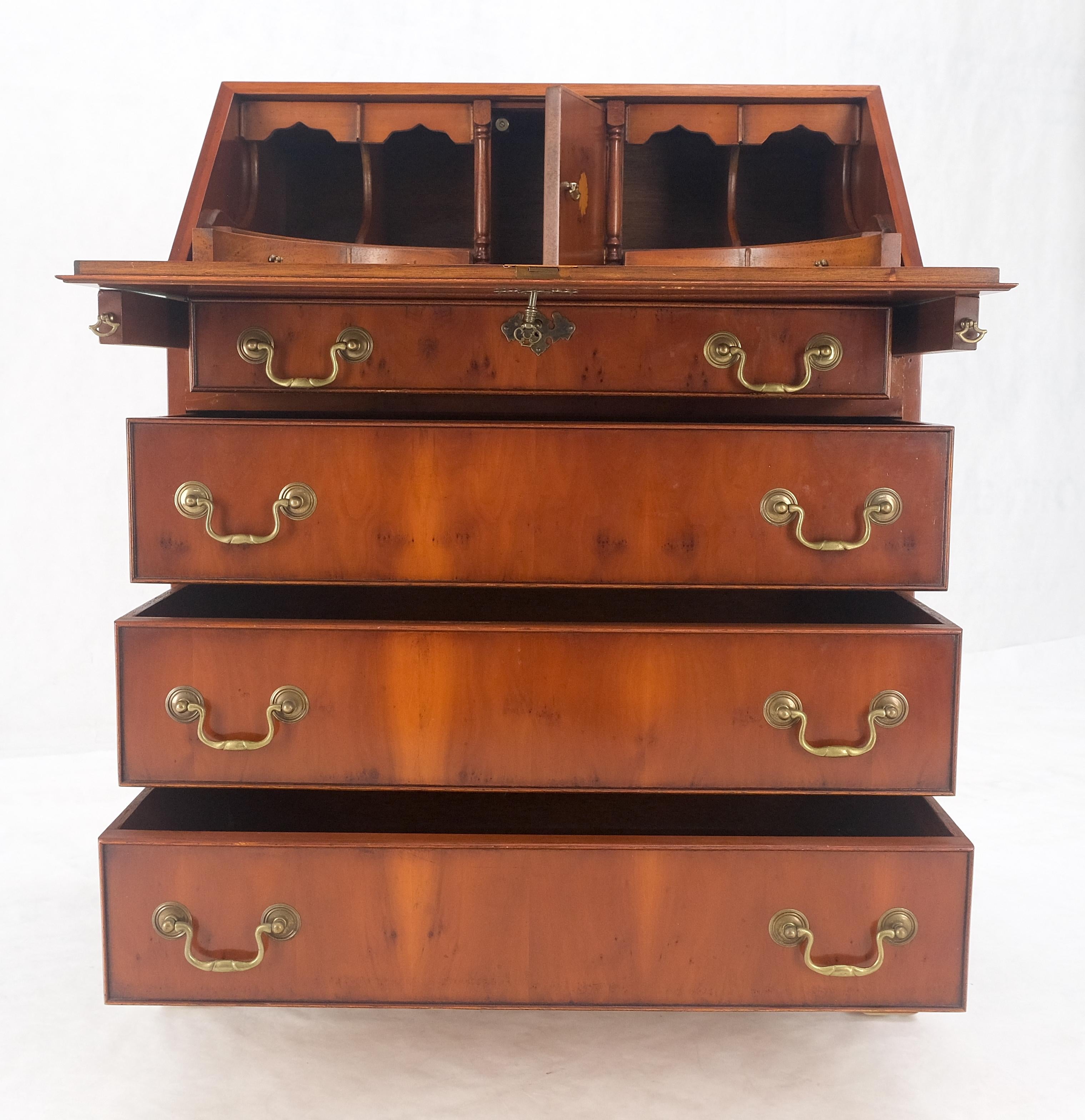 Yew Wood Leather Top Drop Front Secretary Desk 3 Drawers Brass Hardware MINT! For Sale 5