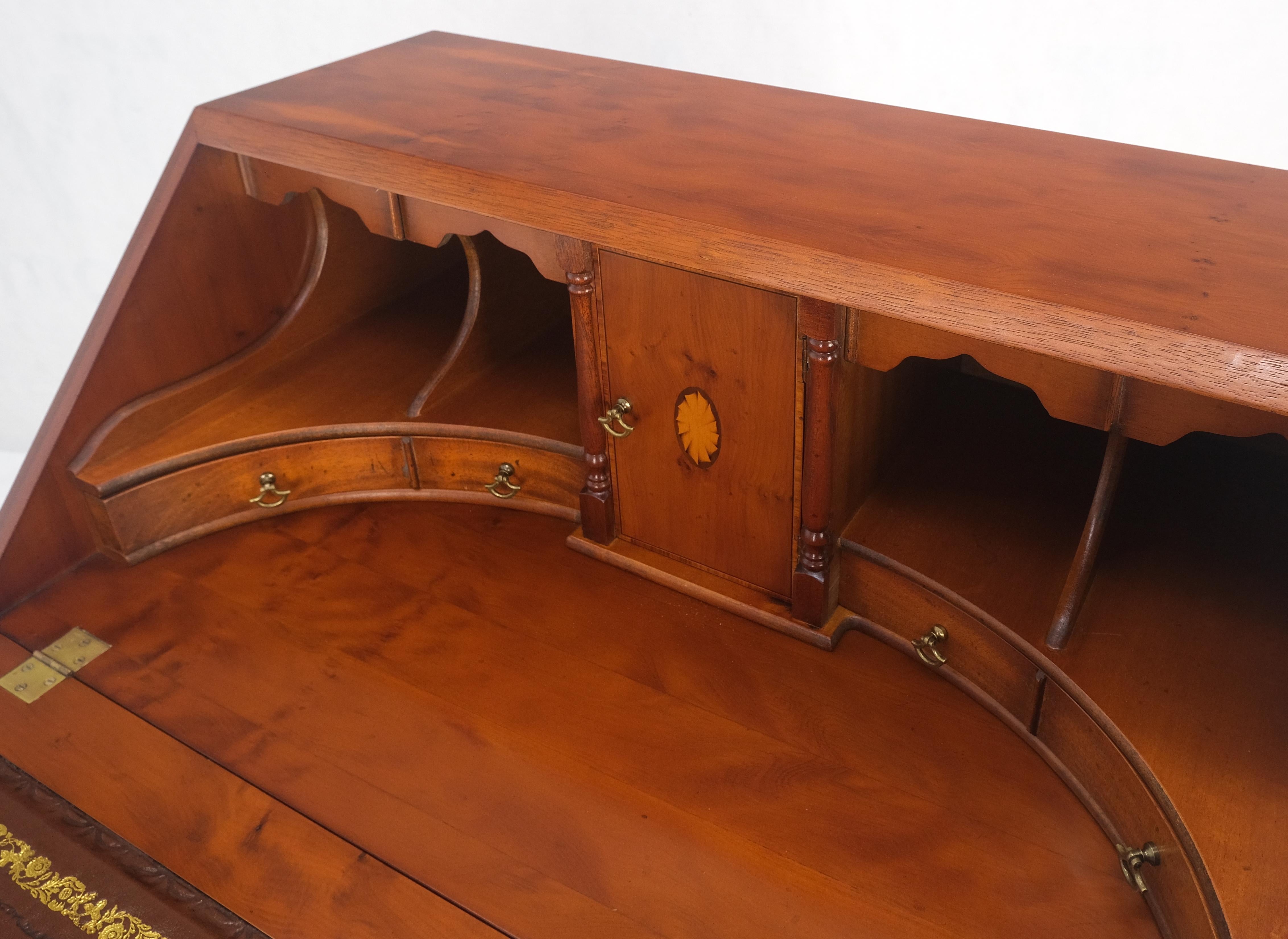 Mid-Century Modern Yew Wood Leather Top Drop Front Secretary Desk 3 Drawers Brass Hardware MINT ! en vente