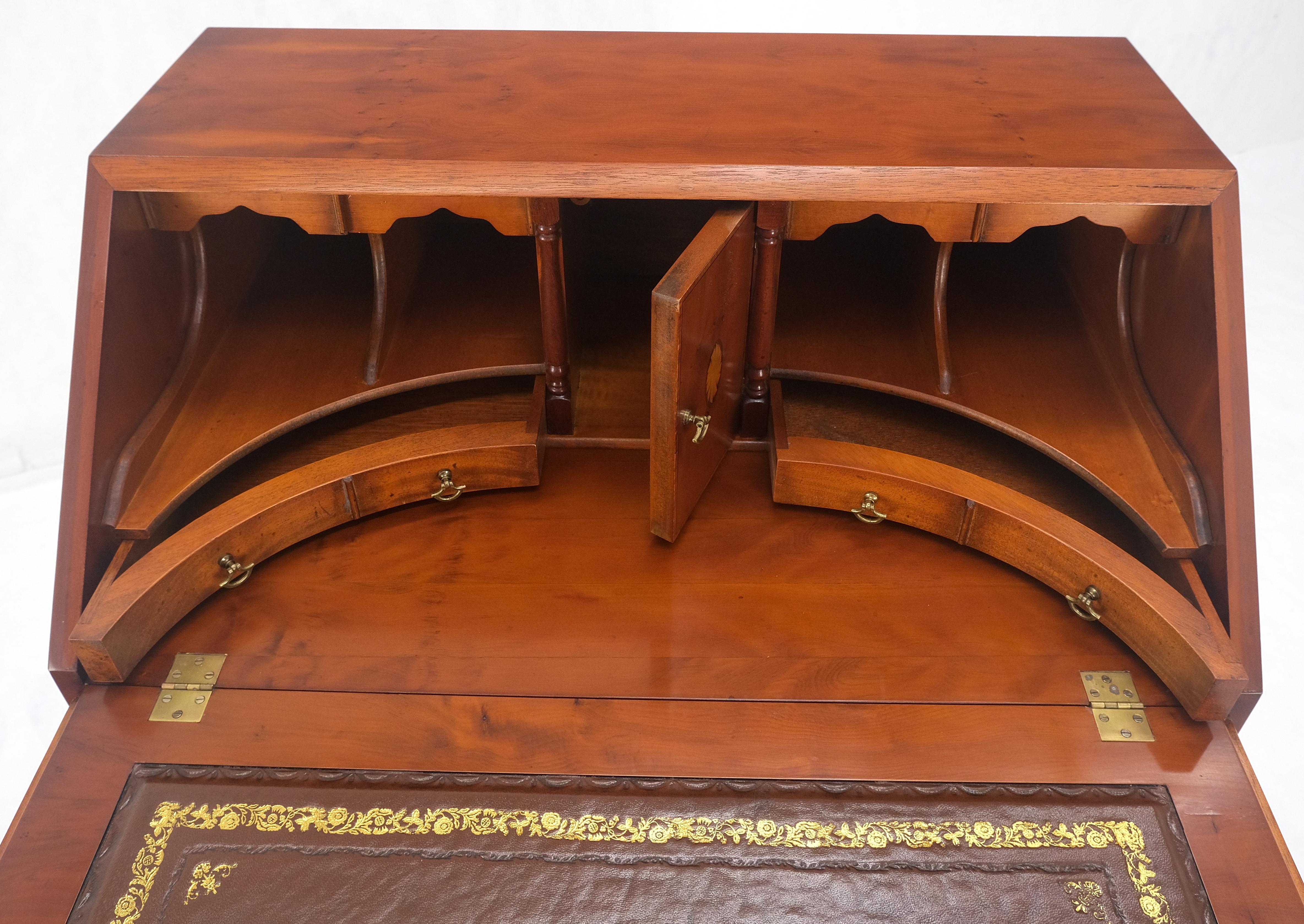 Lacquered Yew Wood Leather Top Drop Front Secretary Desk 3 Drawers Brass Hardware MINT! For Sale