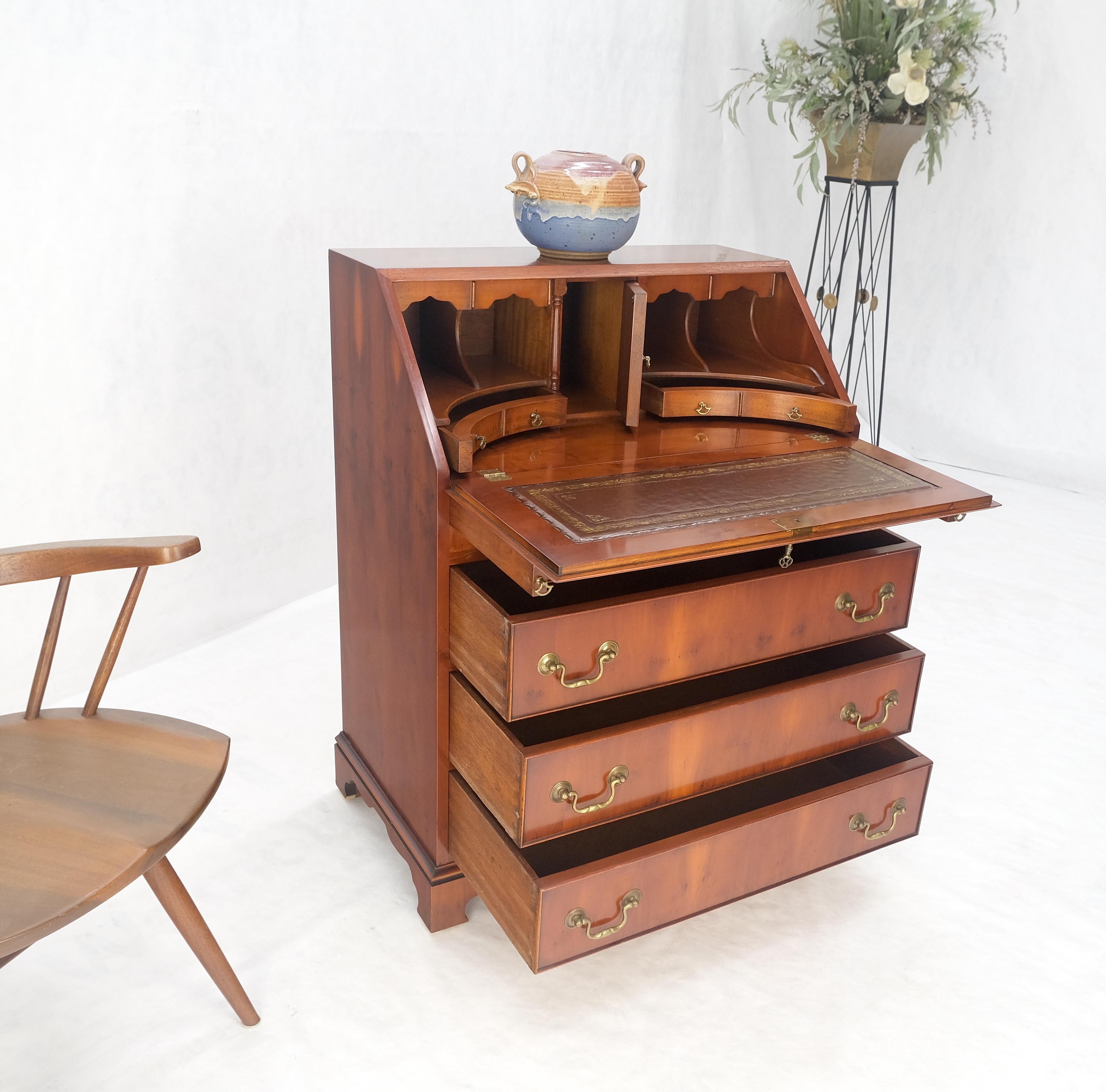 Yew Wood Leather Top Drop Front Secretary Desk 3 Drawers Brass Hardware MINT! In Good Condition For Sale In Rockaway, NJ