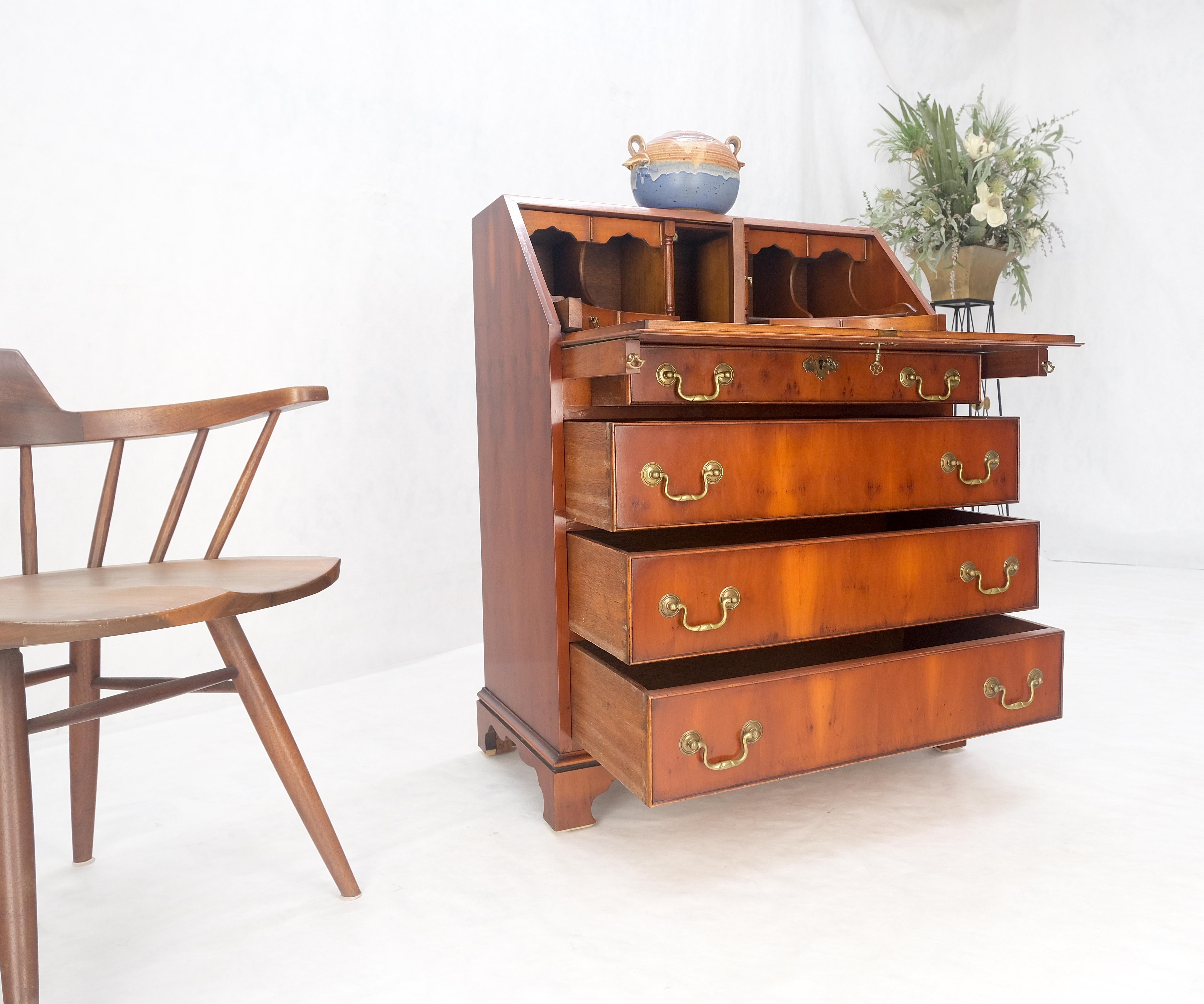 Yew Wood Leather Top Drop Front Secretary Desk 3 Drawers Brass Hardware MINT! For Sale 1