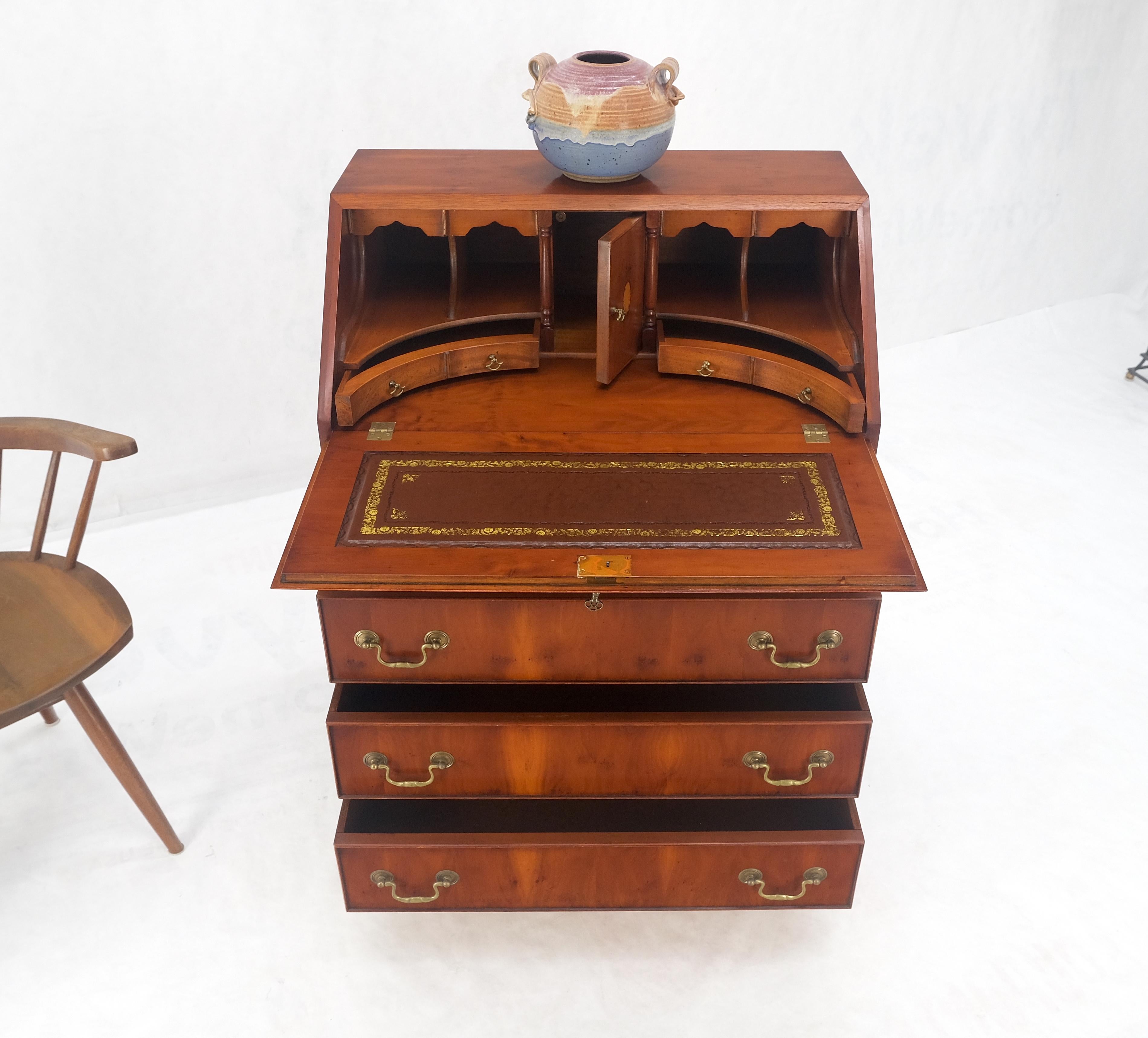 Yew Wood Leather Top Drop Front Secretary Desk 3 Drawers Brass Hardware MINT! For Sale 3