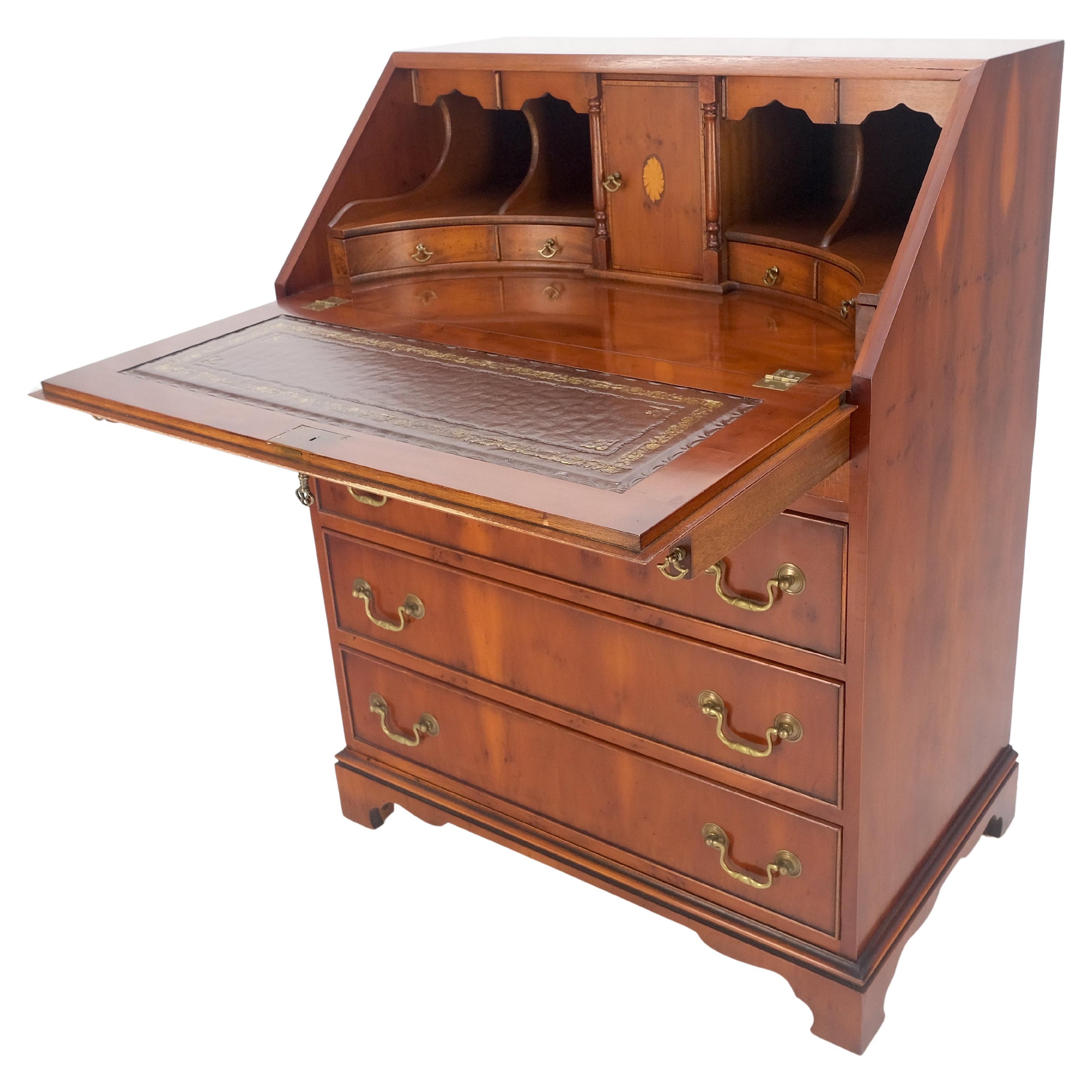 Yew Wood Leather Top Drop Front Secretary Desk 3 Drawers Brass Hardware 