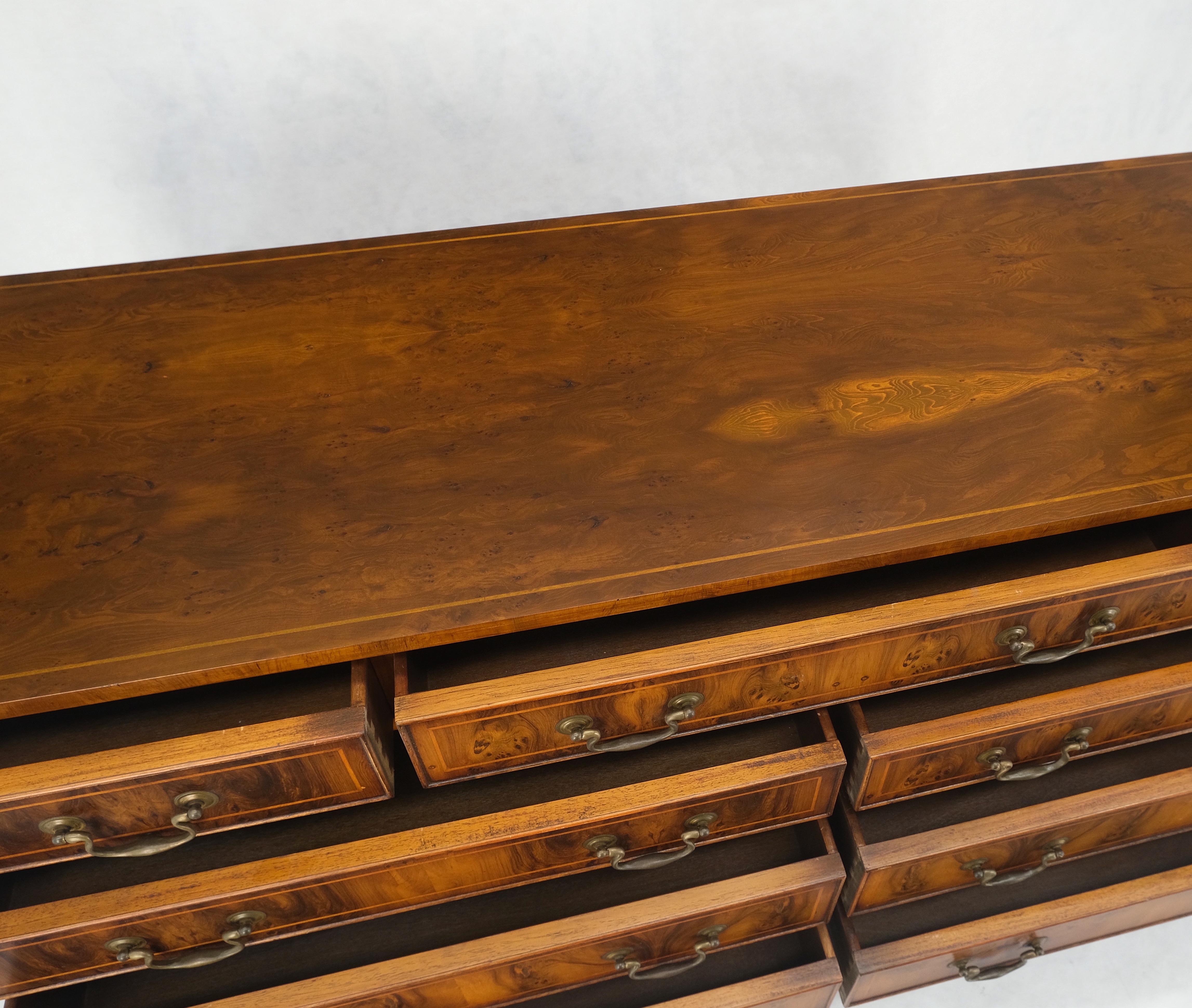 Yew Wood Long 9 Drawers Long Pencil Inlaid Dresser Credenza Brass Drops MINT! For Sale 5
