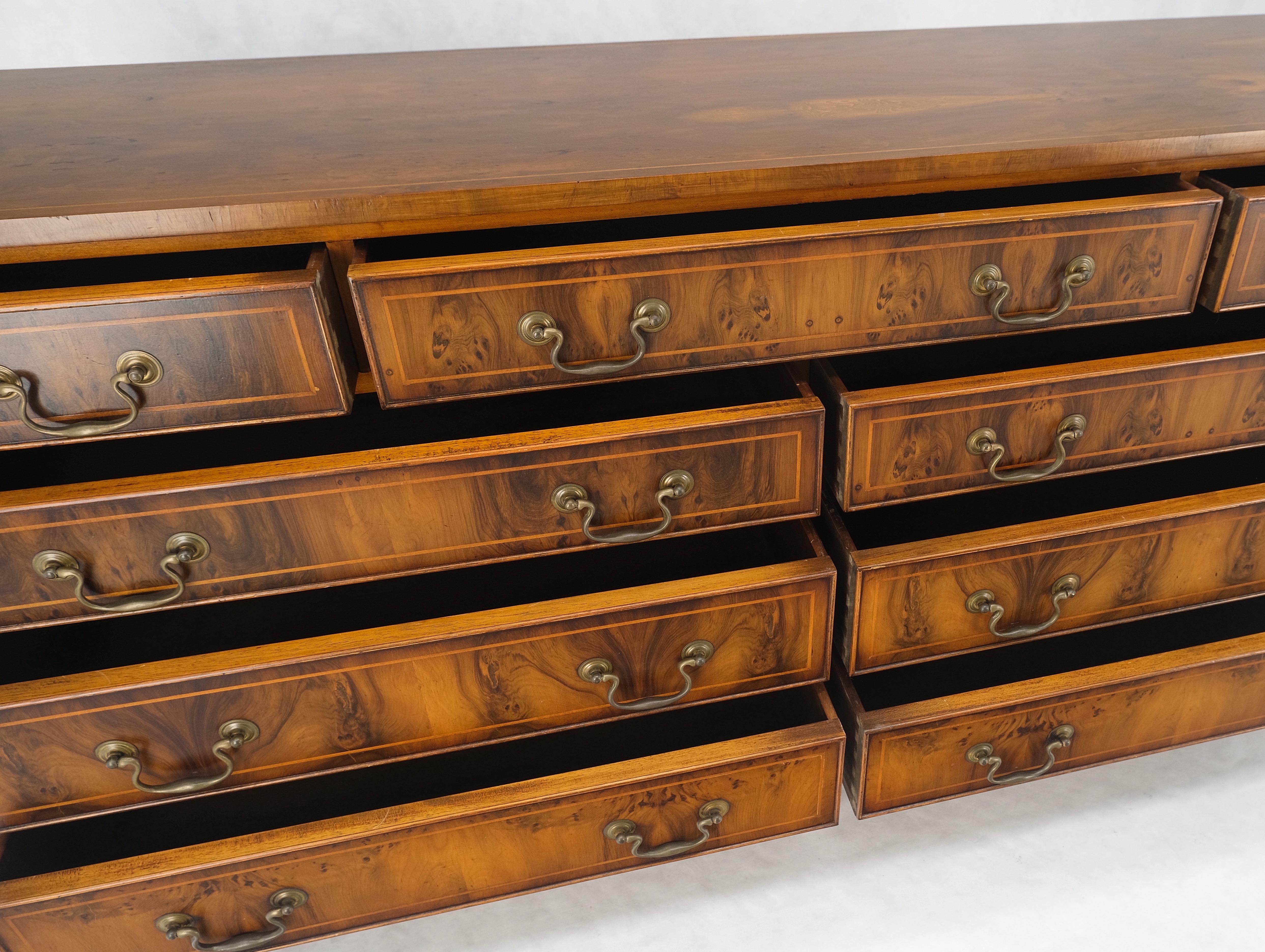 English Yew Wood Long 9 Drawers Long Pencil Inlaid Dresser Credenza Brass Drops MINT! For Sale