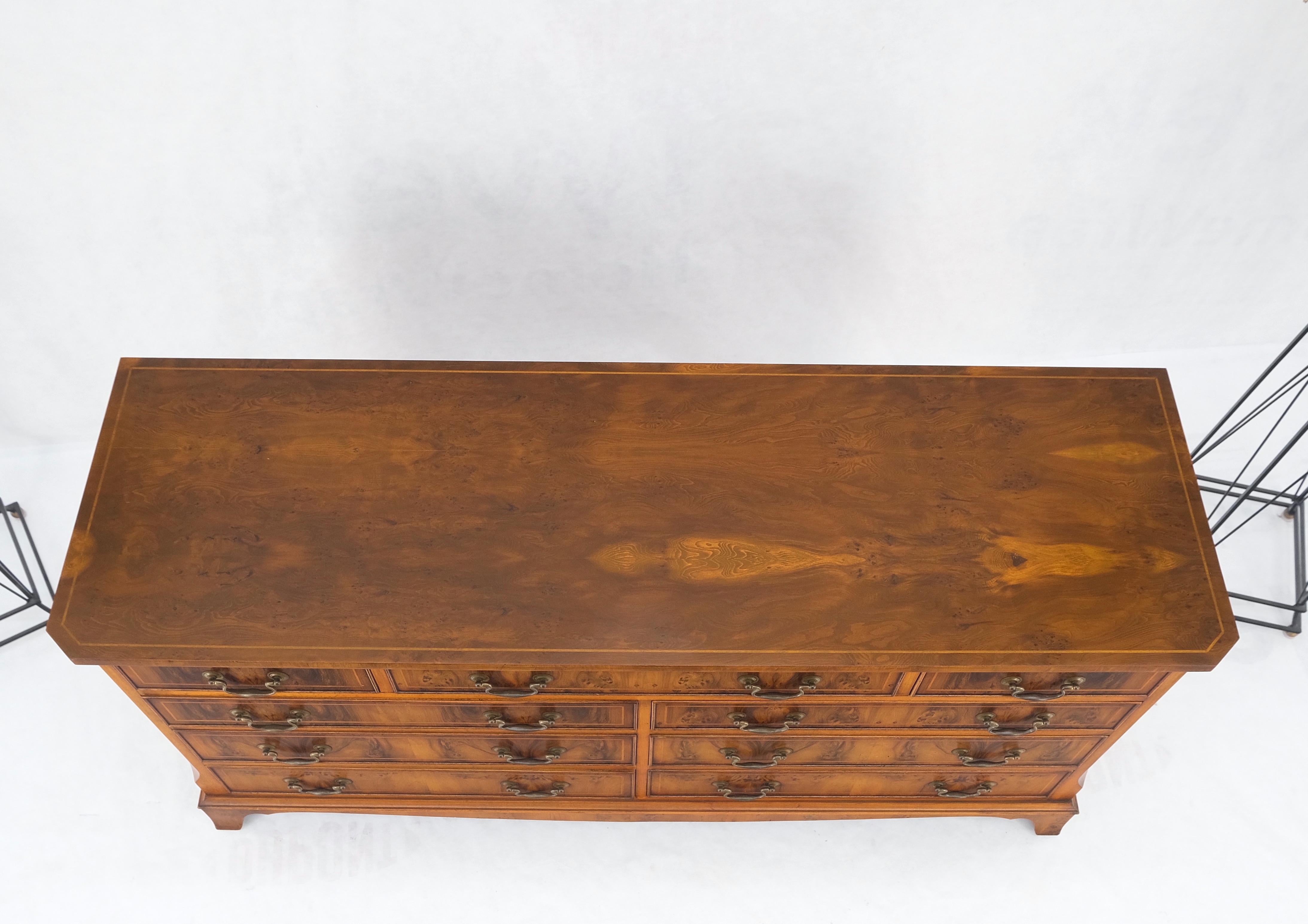 Yew Wood Long 9 Drawers Long Pencil Inlaid Dresser Credenza Brass Drops MINT! In Good Condition For Sale In Rockaway, NJ