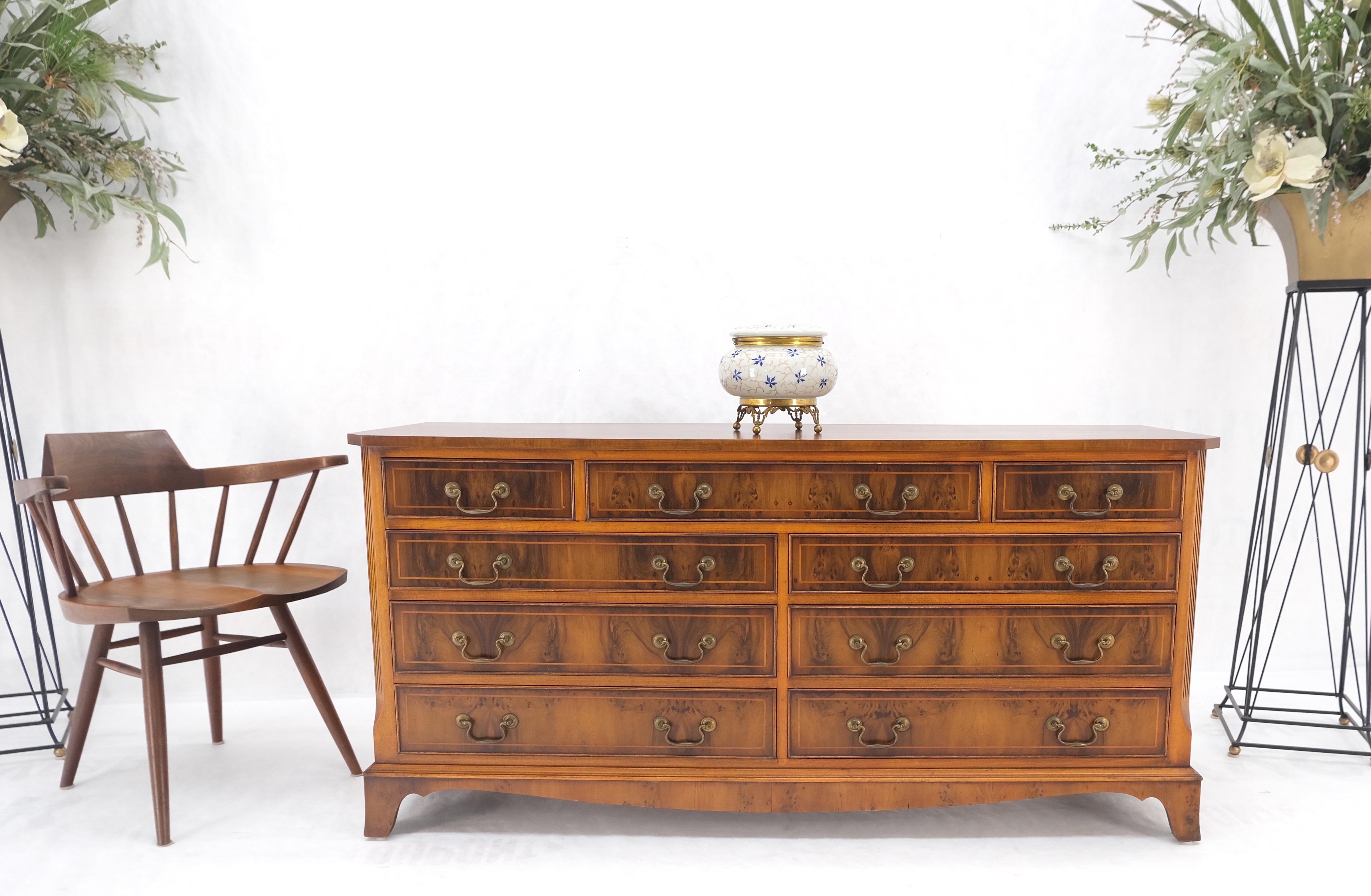 20th Century Yew Wood Long 9 Drawers Long Pencil Inlaid Dresser Credenza Brass Drops MINT! For Sale