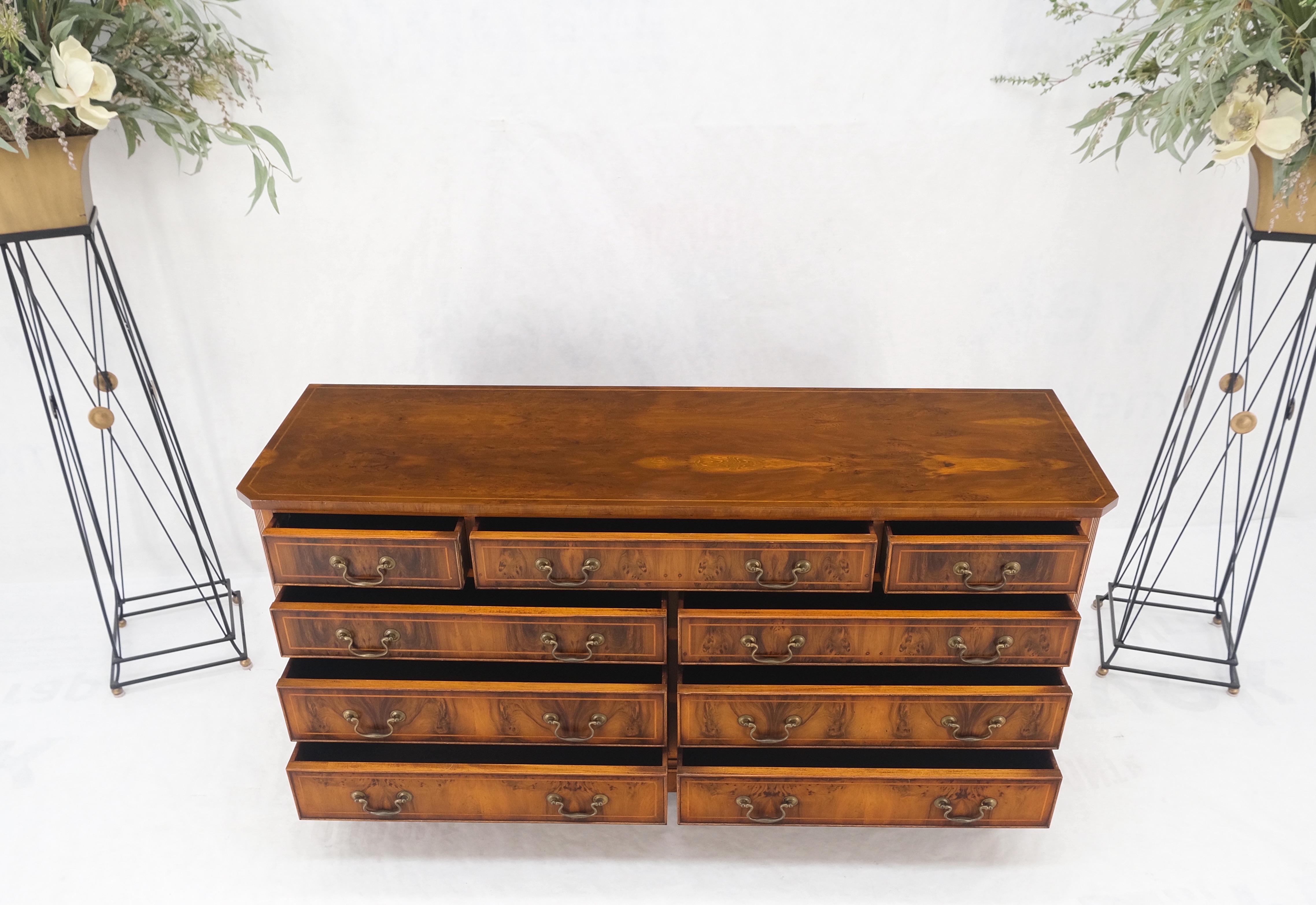 Yew Wood Long 9 Drawers Long Pencil Inlaid Dresser Credenza Brass Drops MINT! For Sale 4