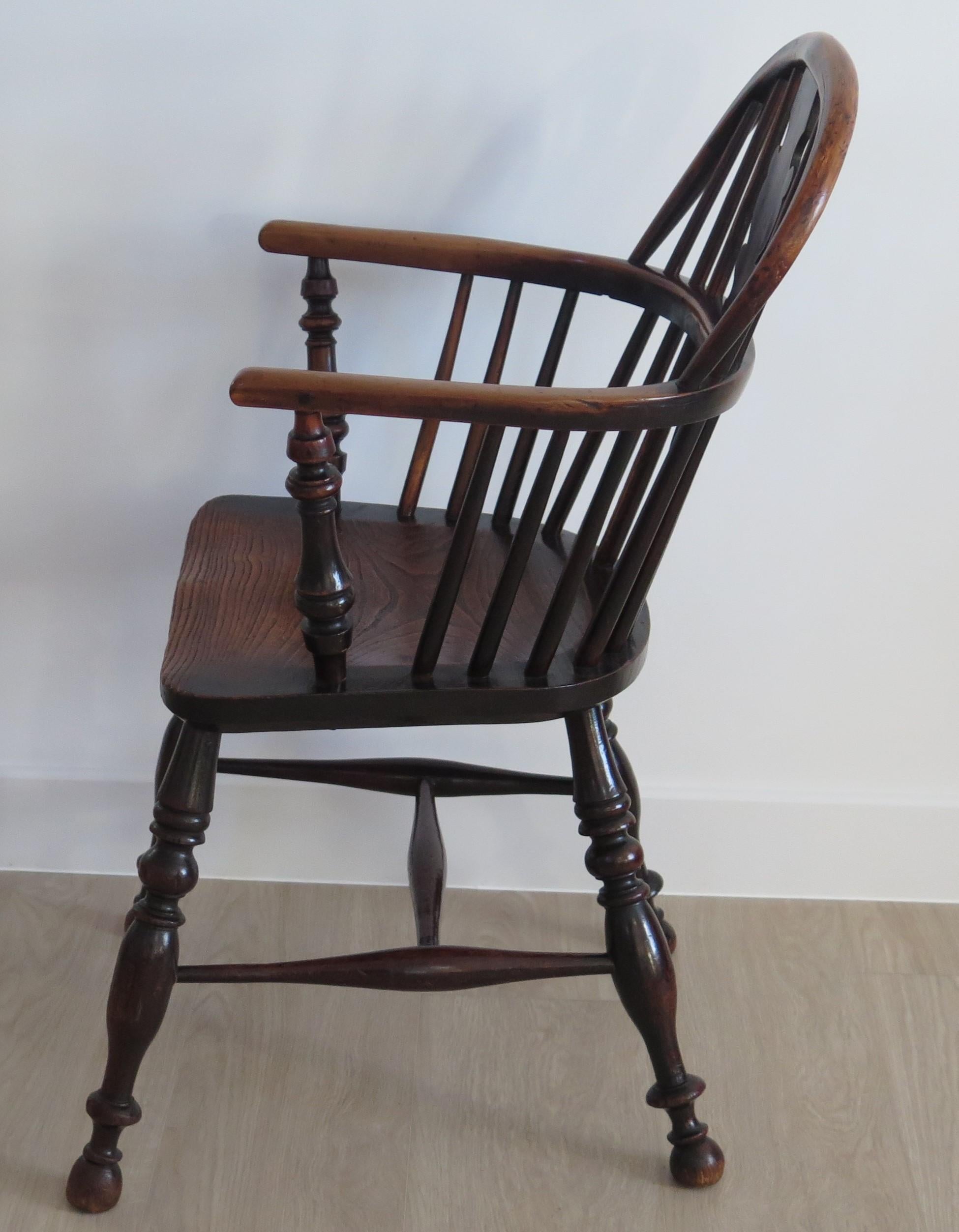 British Yew Wood Low-Back Windsor Armchair, North East Yorkshire England Circa 1850 For Sale