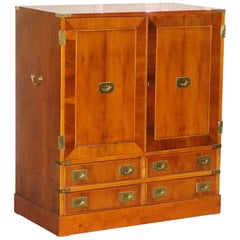 Vintage Yew Wood Military Campaign Chest of Drawers Media Cupboard Cabinet Sideboard