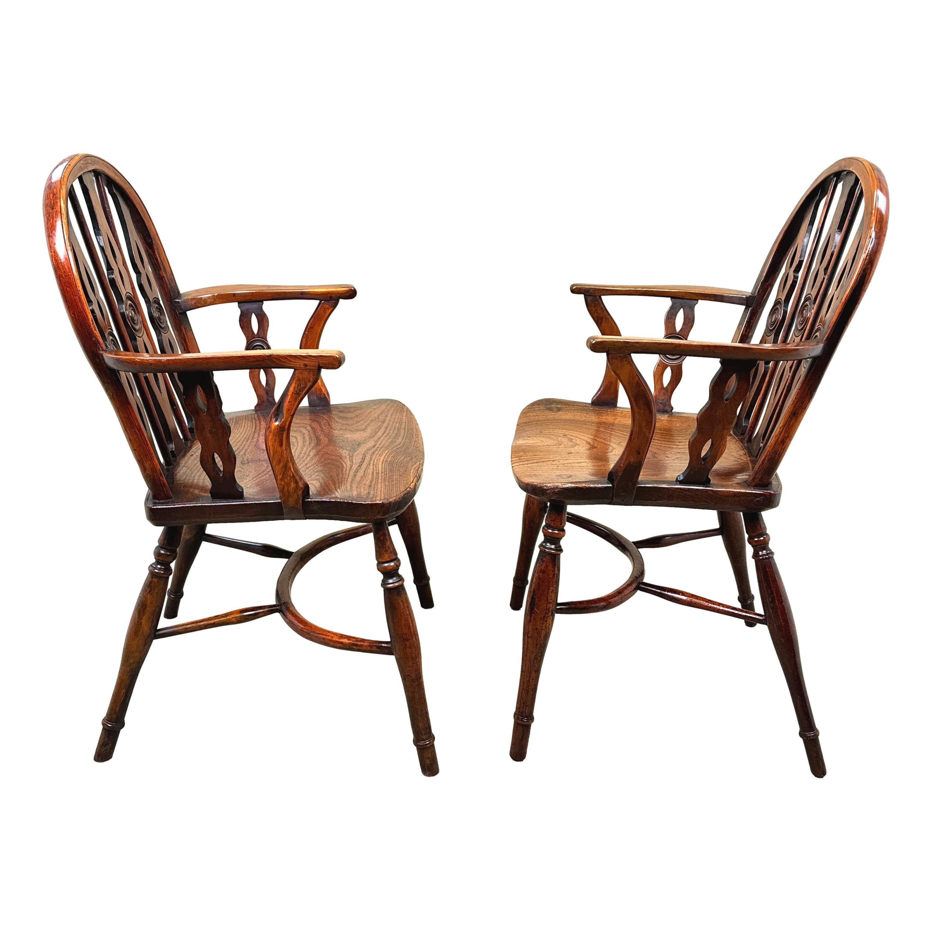 English Yew Wood Pair Of 19th Century Windsor Armchairs For Sale