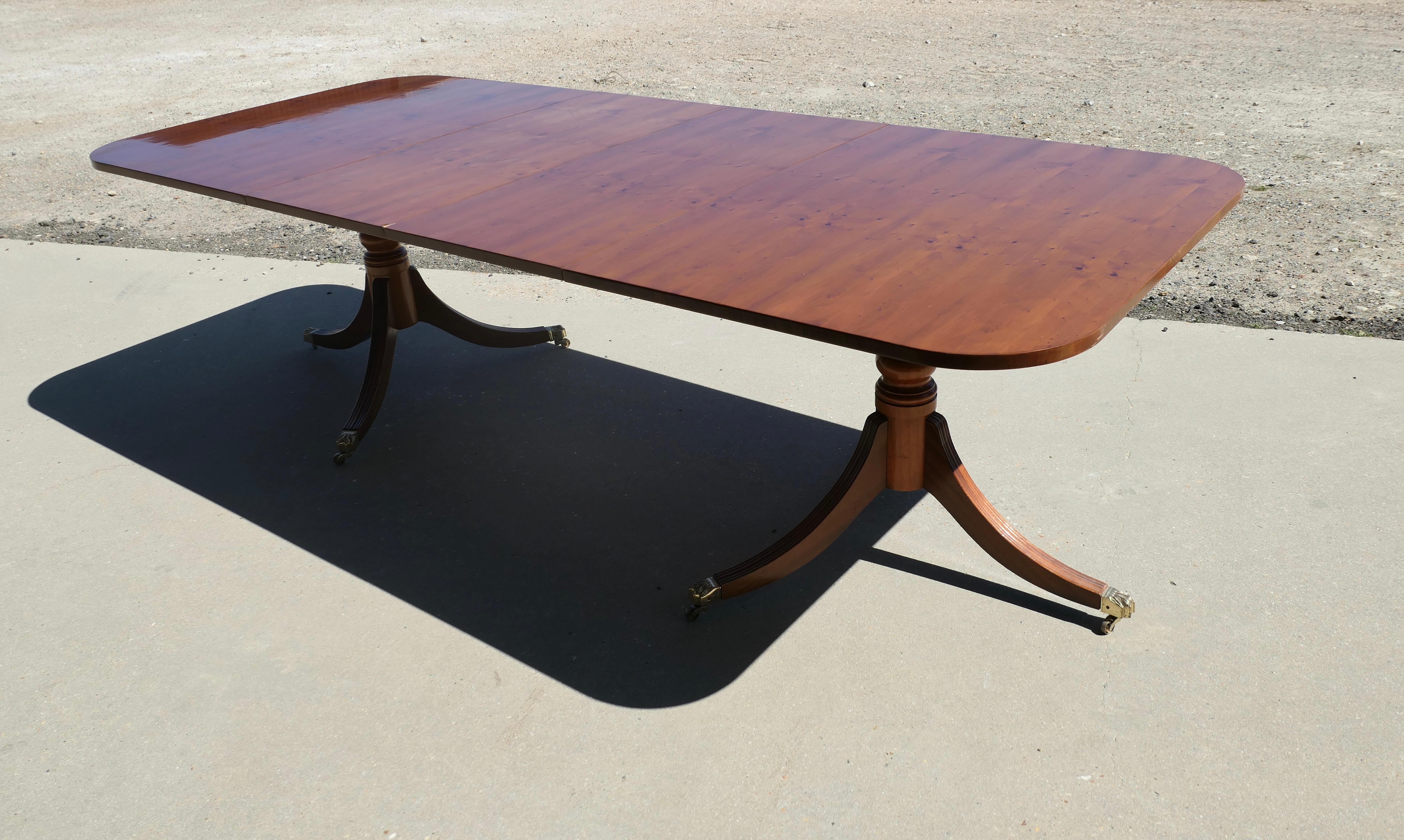 Yew Wood Pedestal Dining Table Extends to Seat 14 For Sale 4
