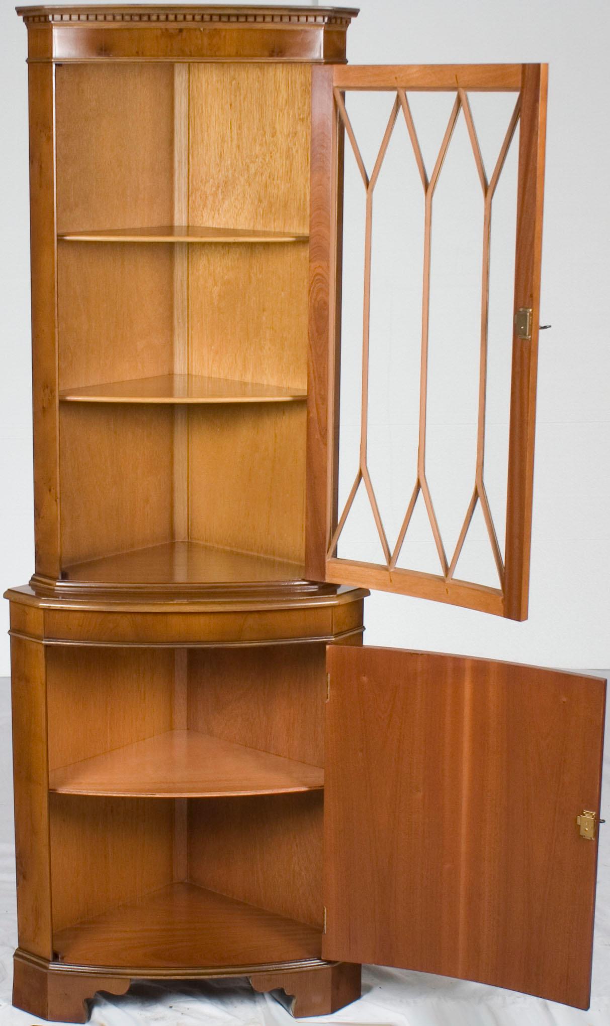 Yew Wood Single Door Narrow Tall Corner Cabinet Cupboard Hutch In Good Condition For Sale In Atlanta, GA