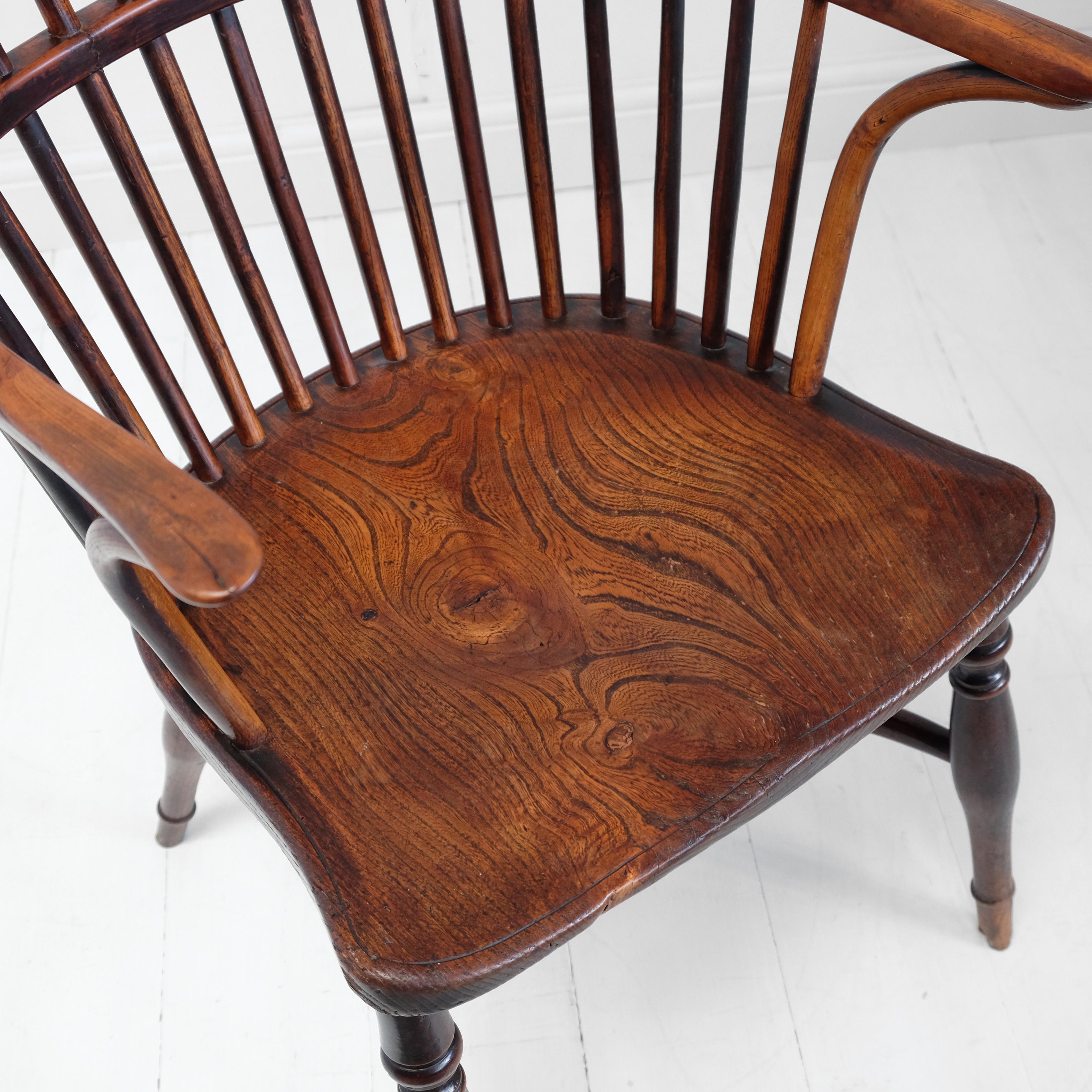 Hand-Carved Yew Wood Stick Back, English Windsor Chair, 19th Century, Lincolnshire Hoop Back