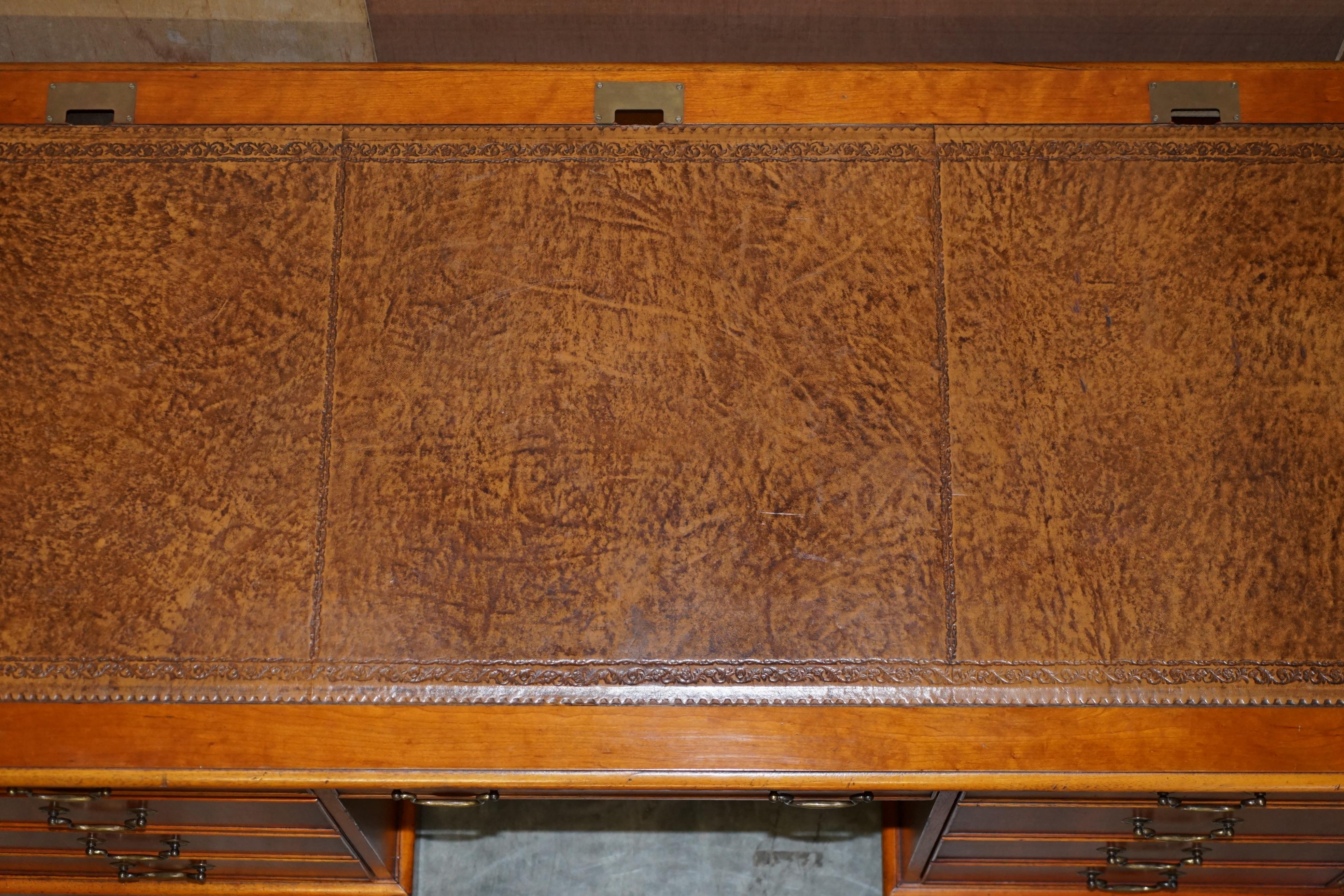 Yew Wood Twin Pedestal Partner Desk Designed to House Computer Equipment Leather 4