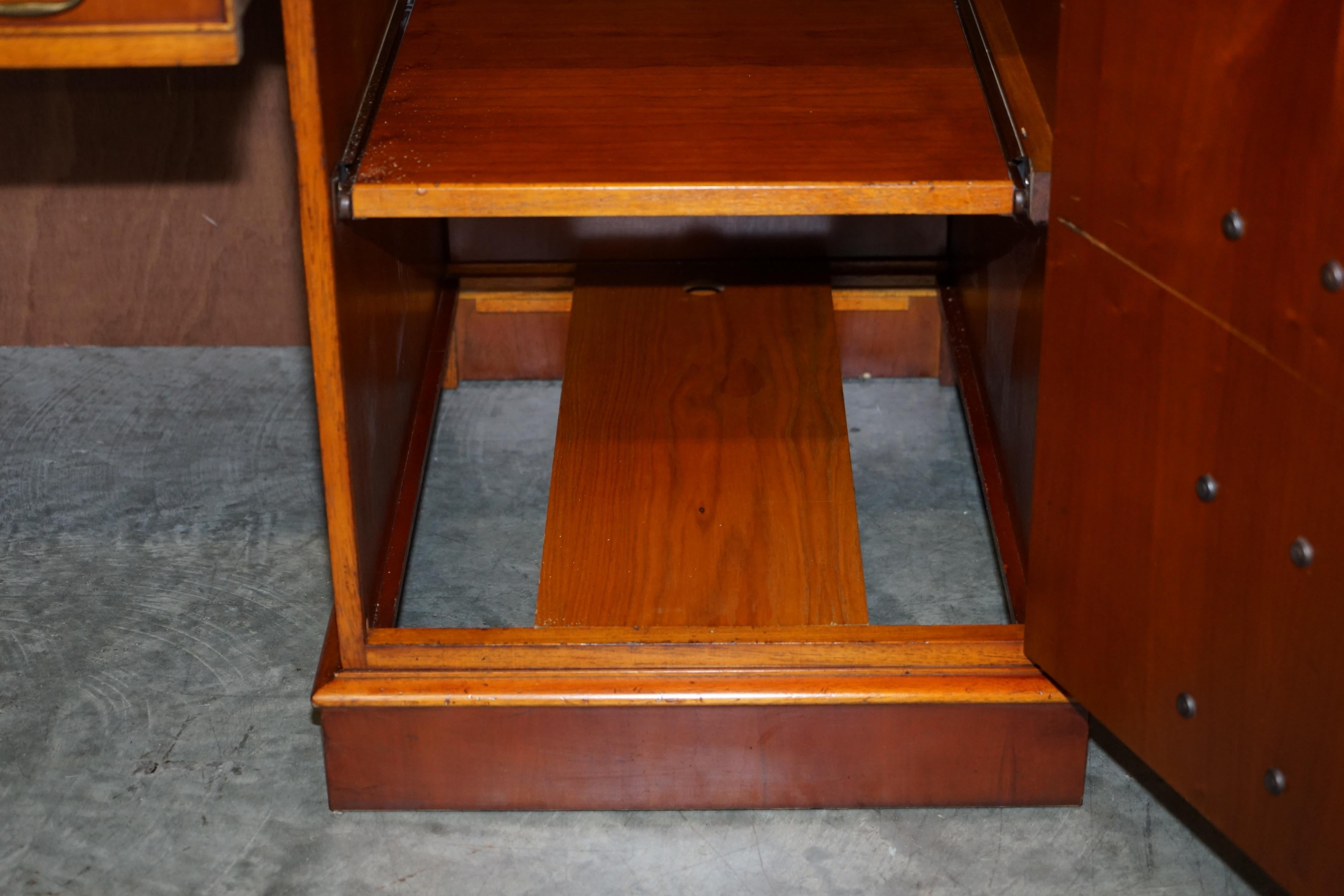 Yew Wood Twin Pedestal Partner Desk Designed to House Computer Equipment Leather 9