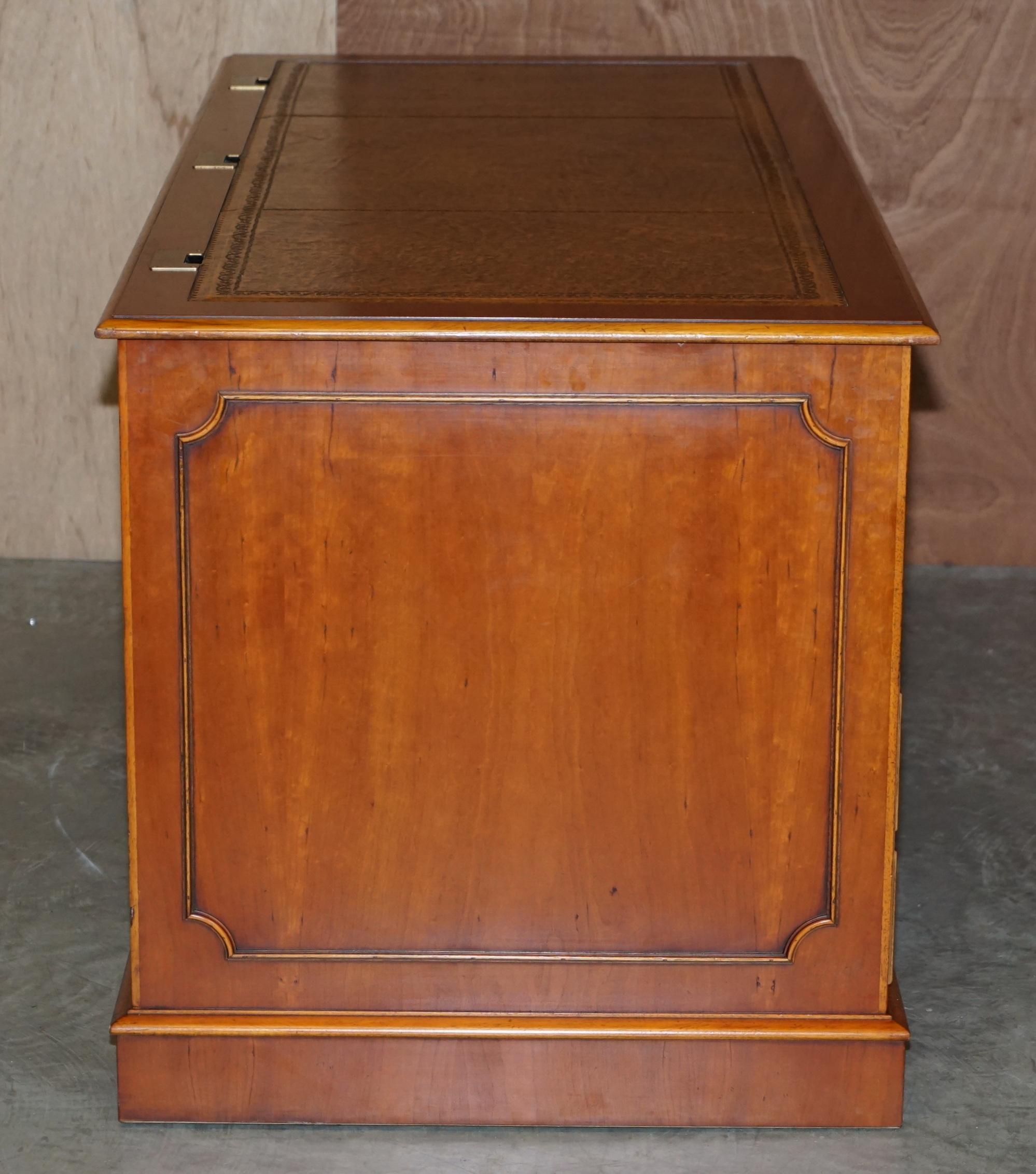 Yew Wood Twin Pedestal Partner Desk Designed to House Computer Equipment Leather 11
