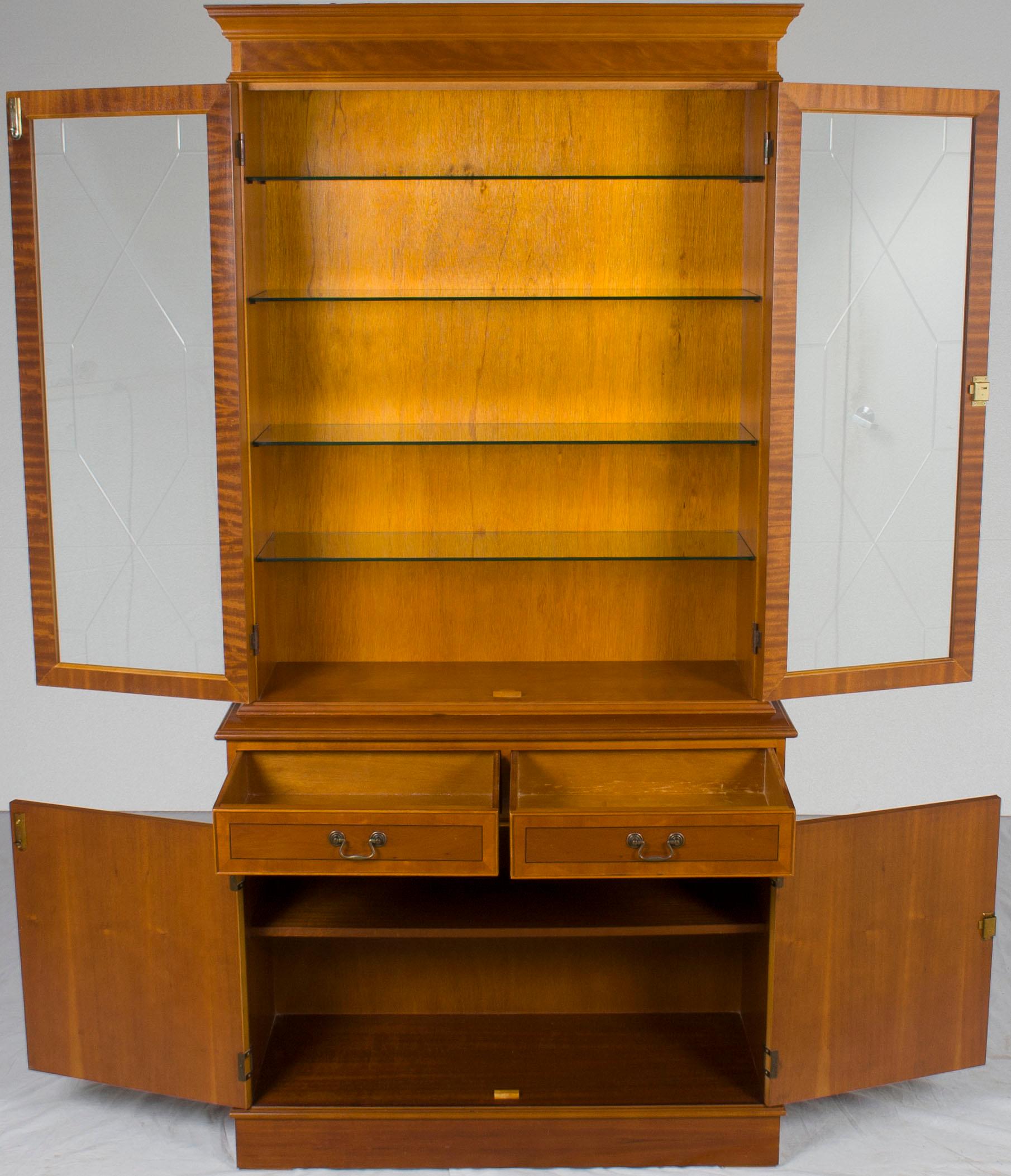 Mid-20th Century Yew Wood Two Glass Door Breakfront Small China Cabinet Bookcase For Sale