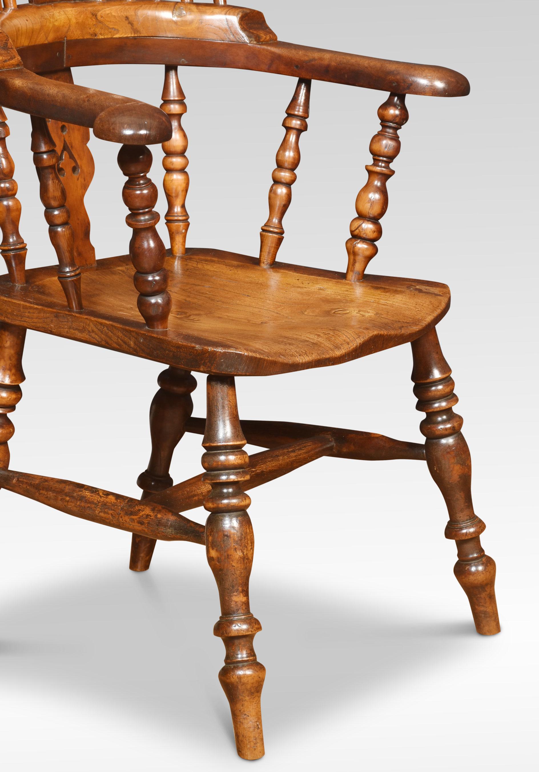 19th-century yew wood broad arm Windsor chair, the hoop back with a pierced and shaped central splat above ash seat surrounded by scrolling arms. Raised up on turned legs united by stretchers.
Dimensions
Height 46.5 Inches height to seat 17