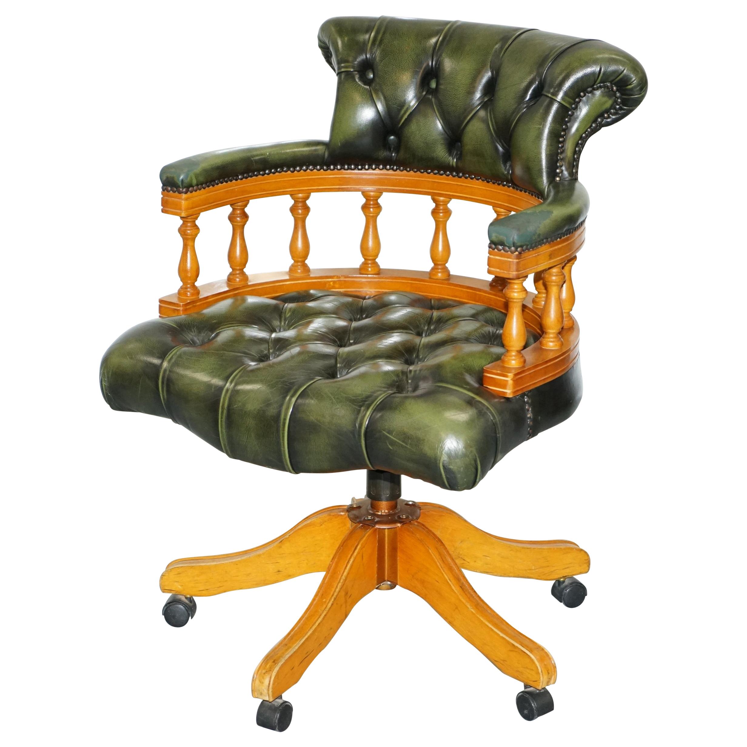Yew wood Chesterfield Directors Green Leather Executive Captains Office Chair
