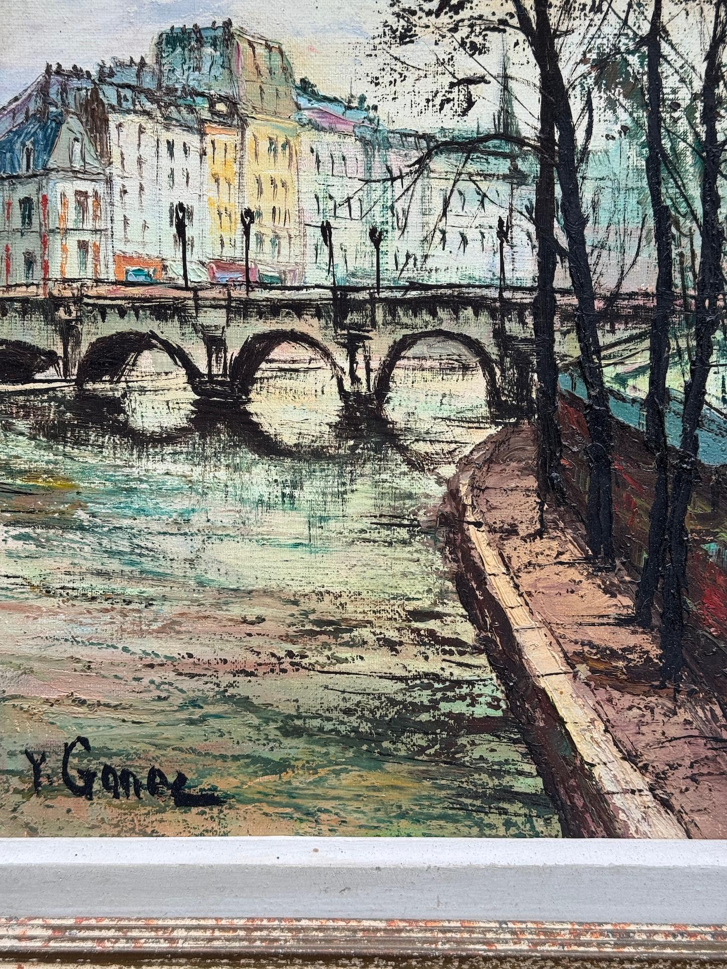 vue impressionniste française du milieu du siècle dernier du Ponte Nerf, Paris, France - Painting de Y.Gonez