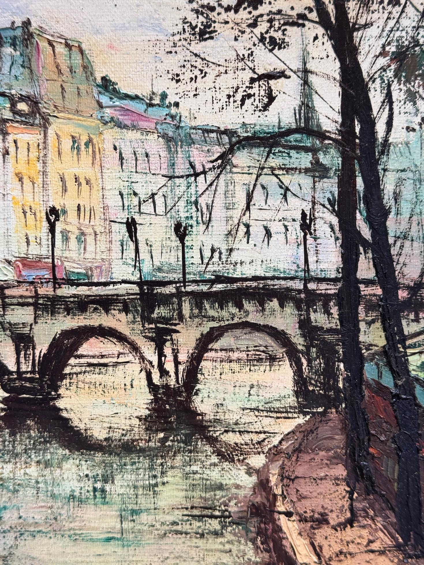 vue impressionniste française du milieu du siècle dernier du Ponte Nerf, Paris, France - Marron Landscape Painting par Y.Gonez