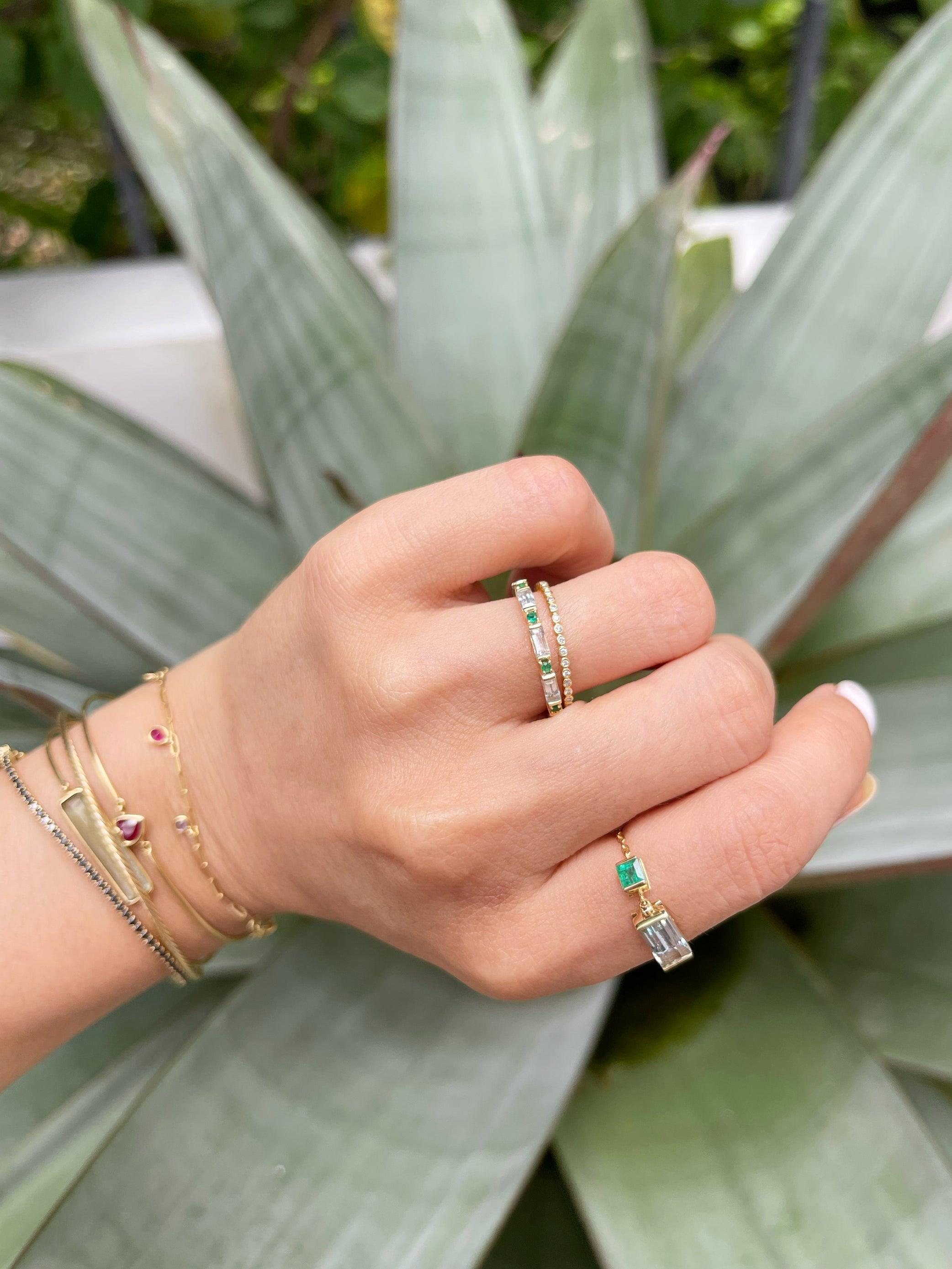 Baguette Cut YI Collection Aquamarine & Emerald Chain Ring For Sale