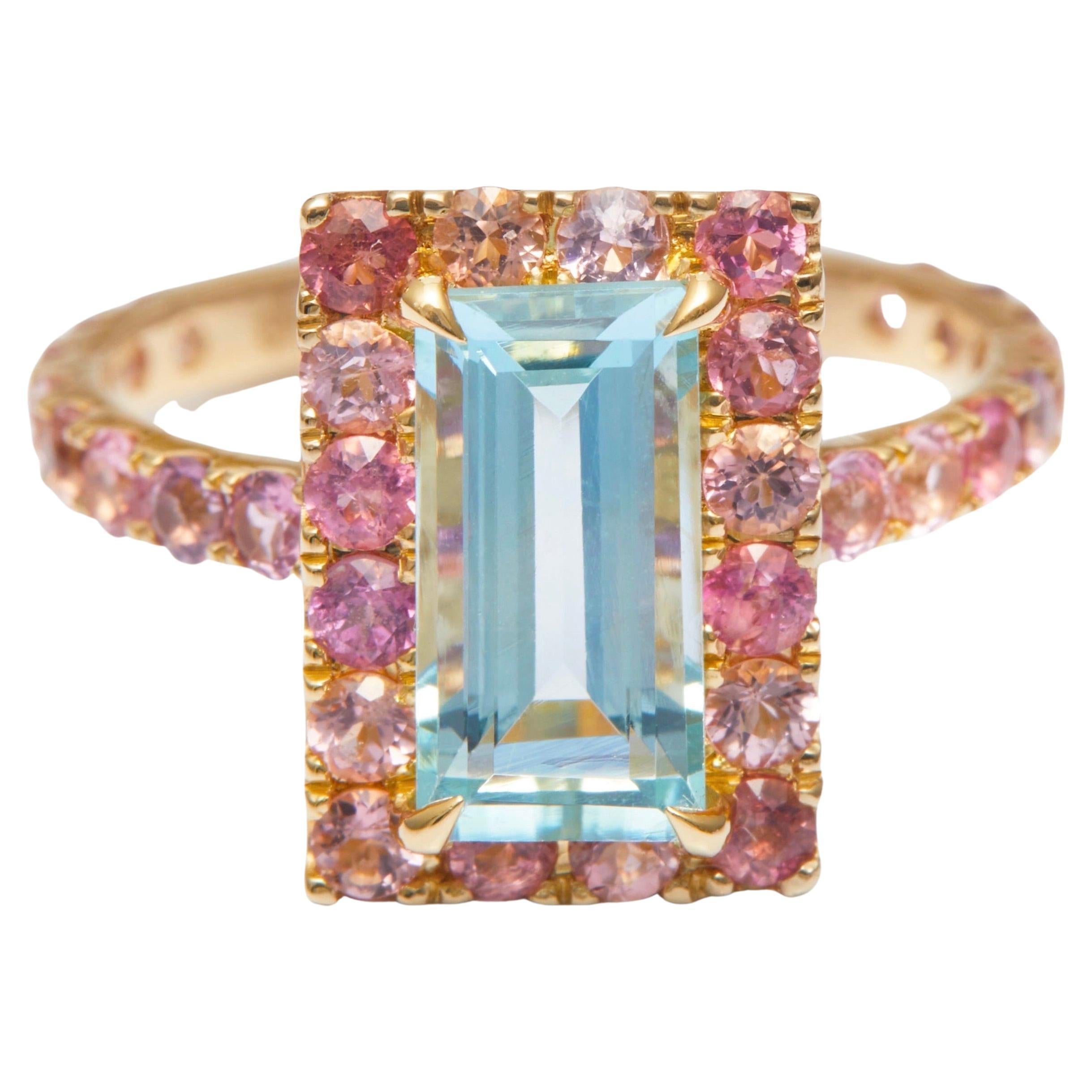 YI Collection Aquamarine & Pink Tourmaline Candy Ring 18k For Sale
