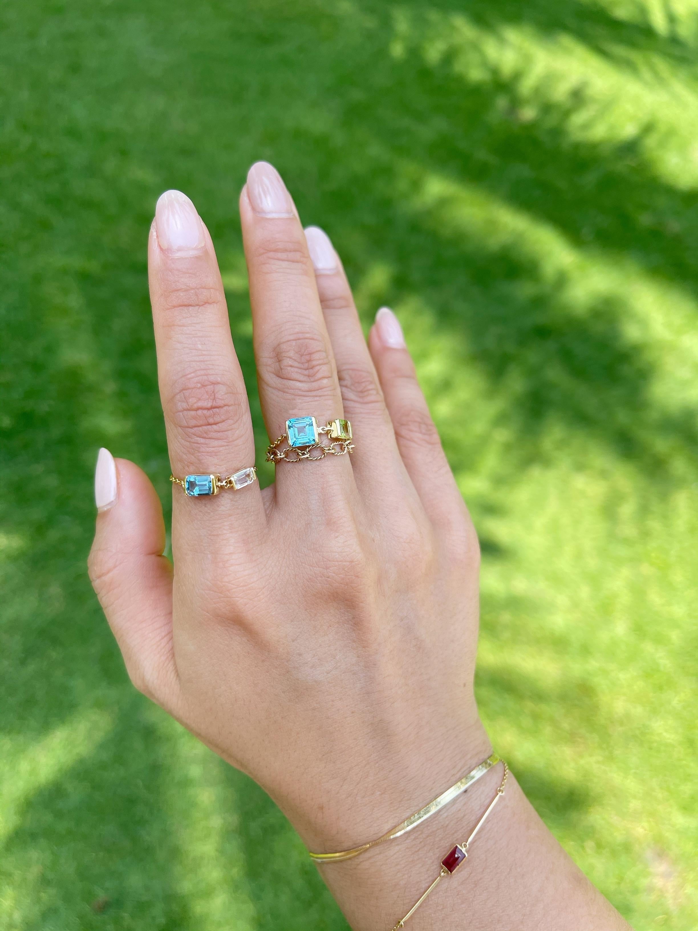 This wonderfully hand crafted topaz chain ring is a combination of Swiss blue and sky blue gemstones. These two colors reflect that of the sky and ocean. Our unique design is made to be worn everyday, even at the gym. 

Once you put this ring on,