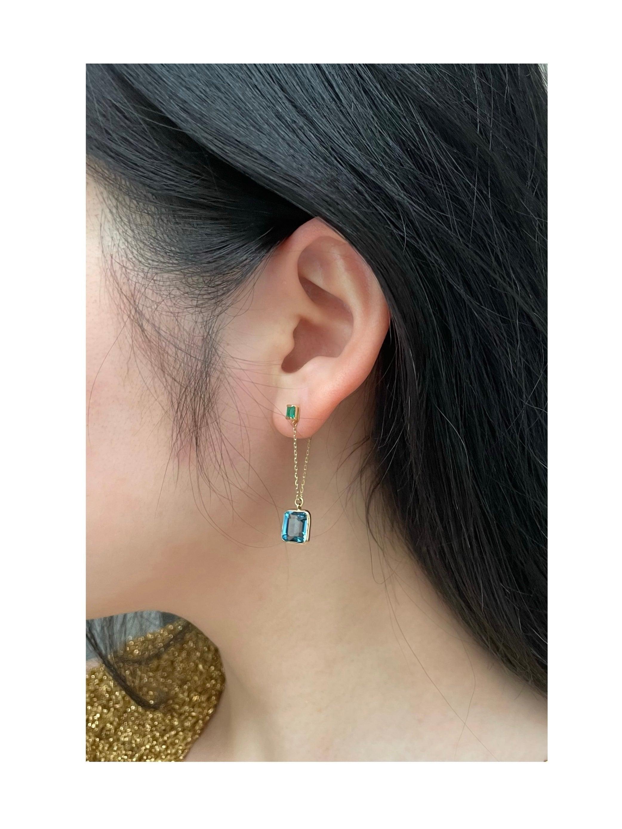 These beautifully handcrafted earrings are classics from our collections. An elegant and modern colour combination of Emerald and London Blue Topaz will surely enchant you. This pair perfectly exudes our modern and whimsical aesthetic. Measuring