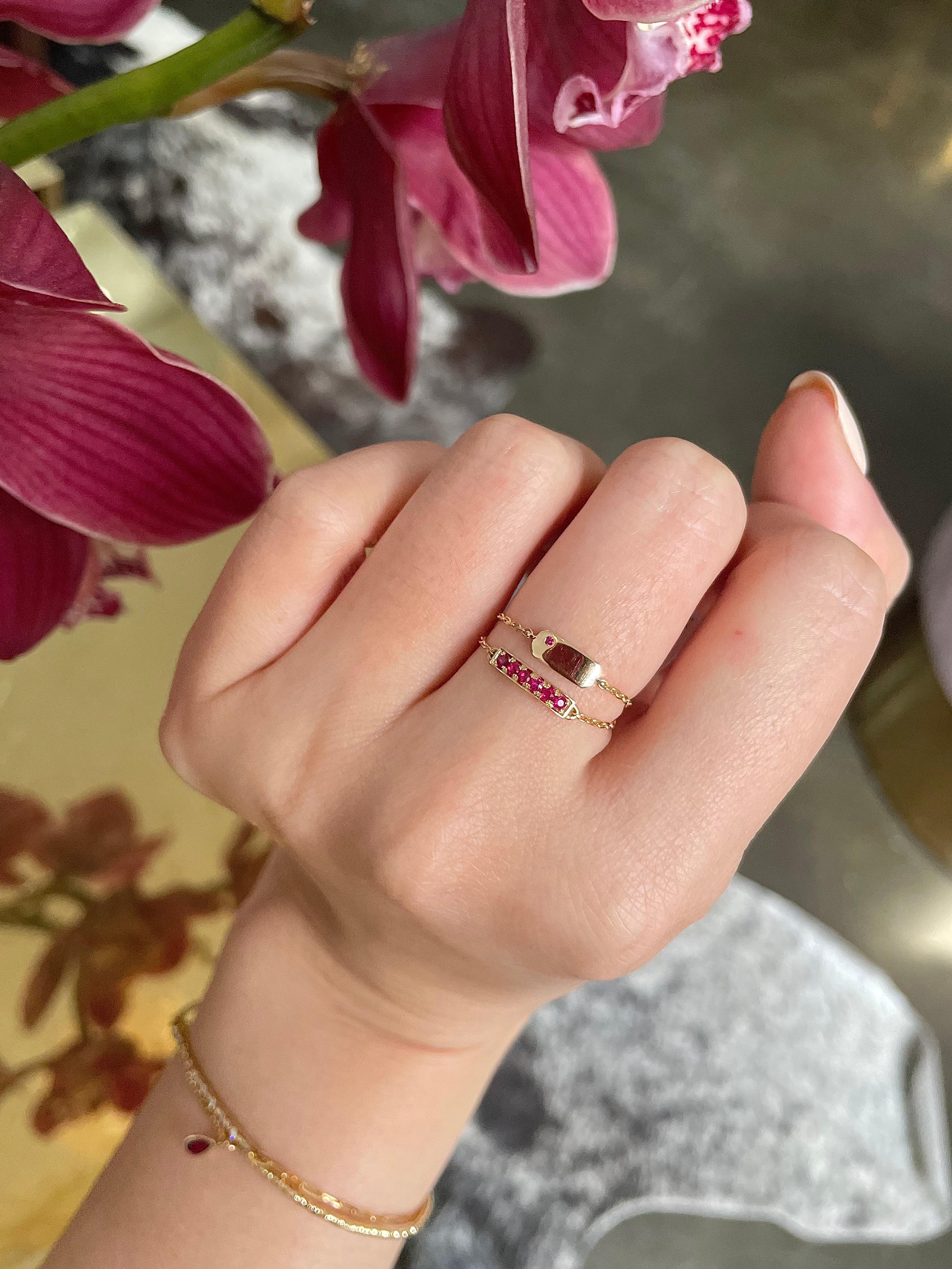 We created this little bar of gems to be a lucky charm for everyday. Originally made for a lunar new year good luck charm for a client, it has soon become one of our everyday classics. Encrusted in this 14k bar are six spectacular rubies. Six is a