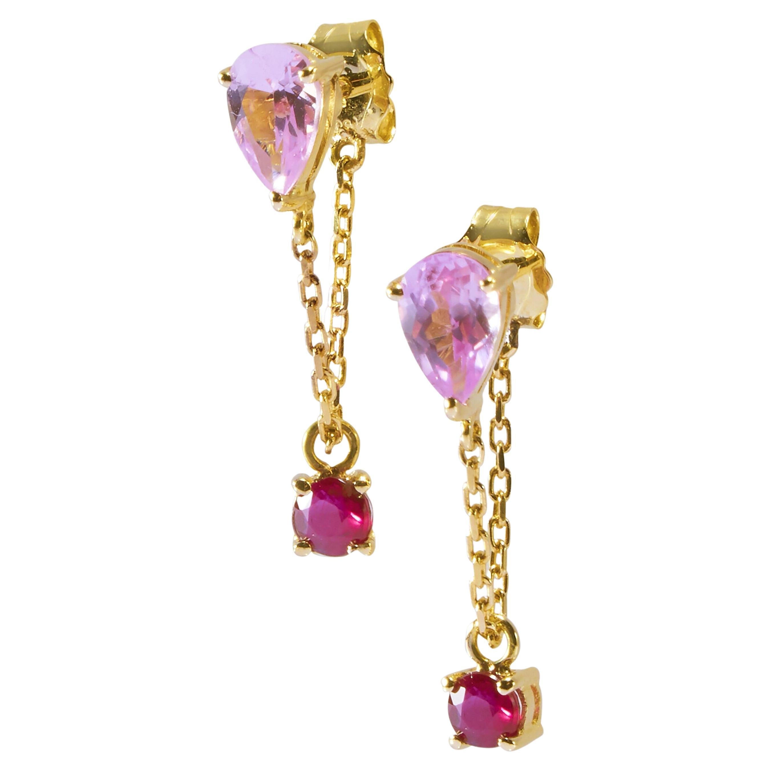 Yi Collection Pink Sapphire and Ruby Chain Earrings For Sale