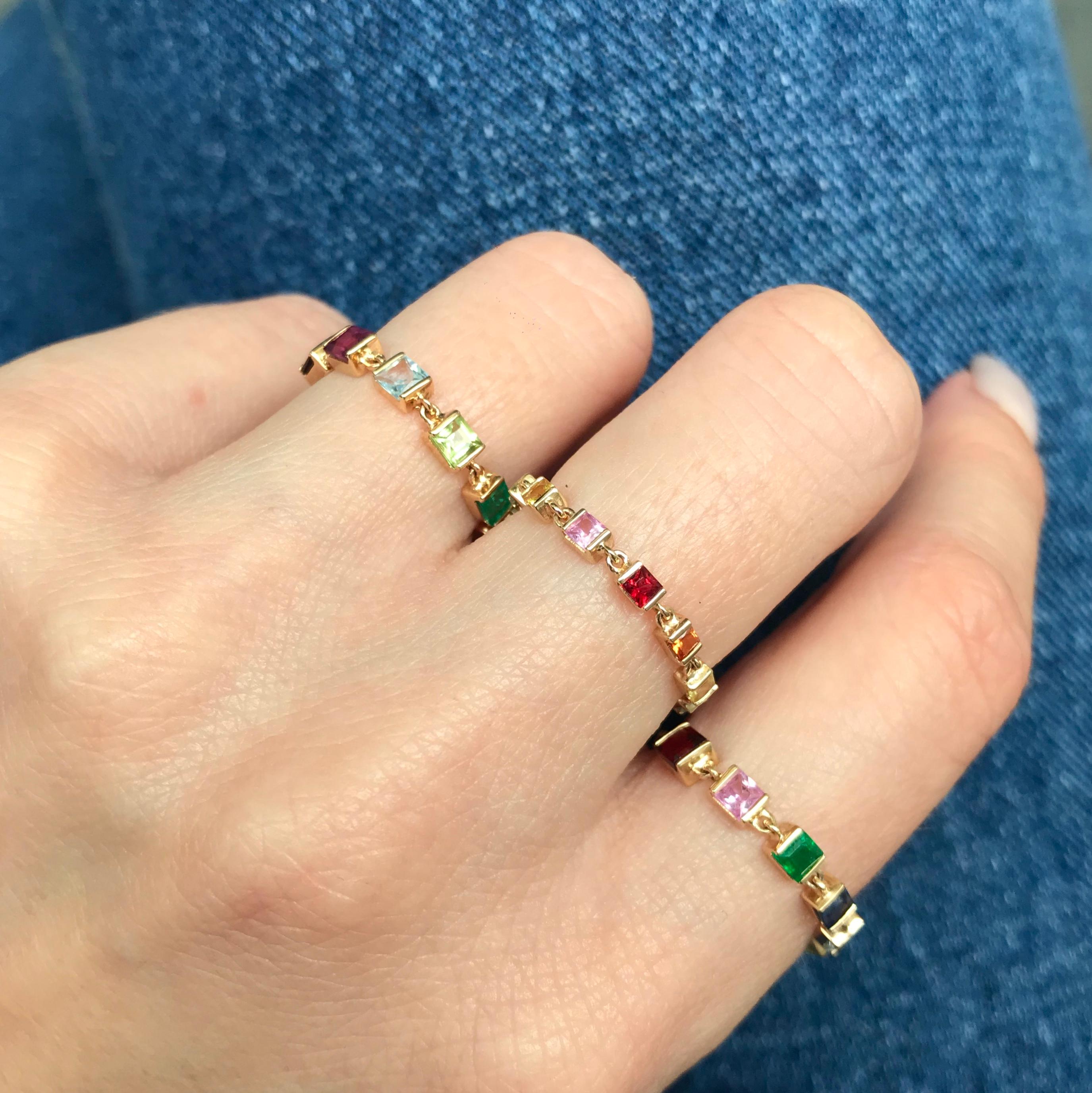 Add some color to your life with our rainbow chain ring. Featuring multicolored gemstones, you will absolutely love this one! It shows the natural allure and effortless luxury of our chain rings. Each setting has been carefully handmade for this