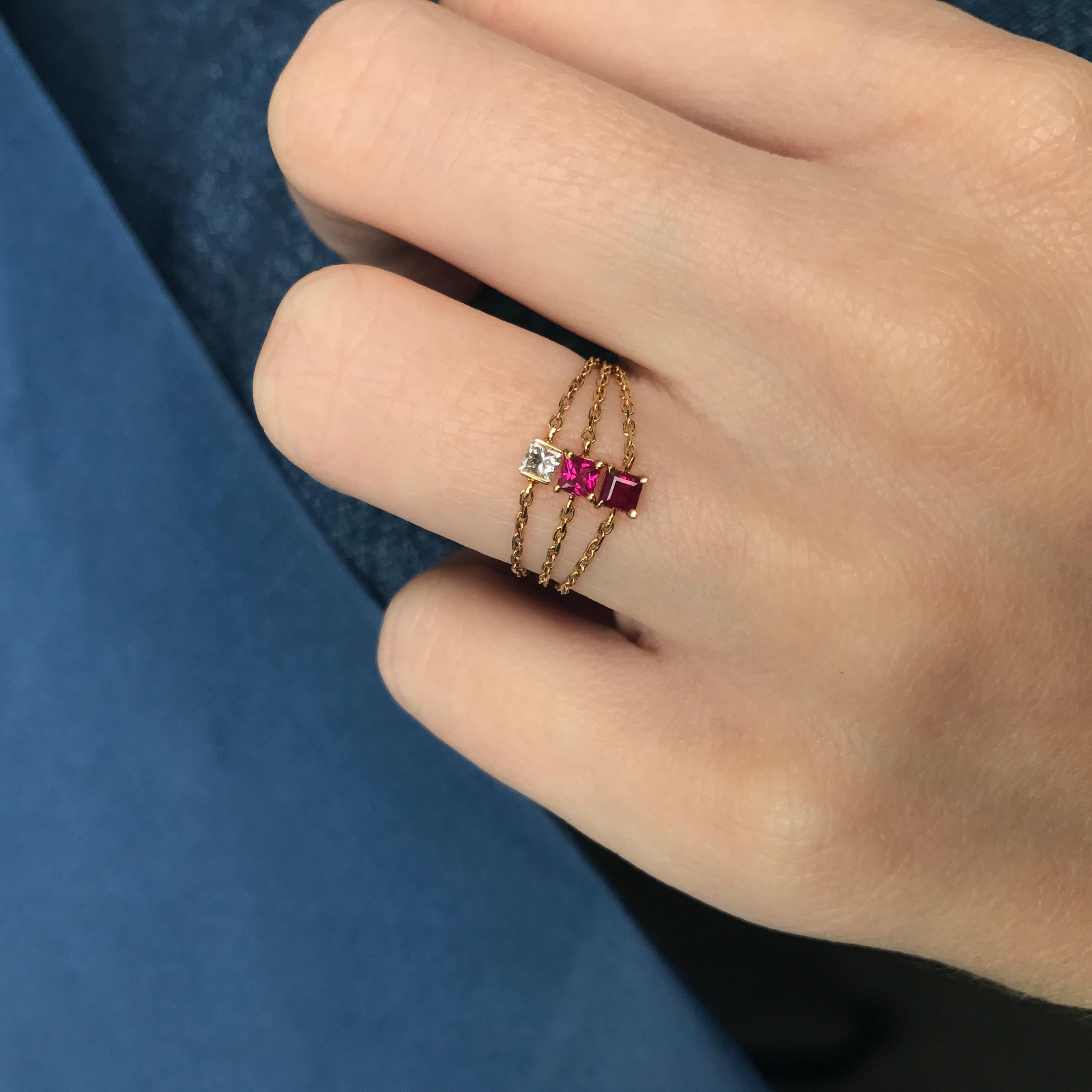 Our new Ruby chain ring in prong setting is our unbeatable best seller. It's comfortable to wear no matter what lifestyle you have. Beautiful, delicate and strong - we couldn't give a better description to this one.

Made in 14k yellow gold and