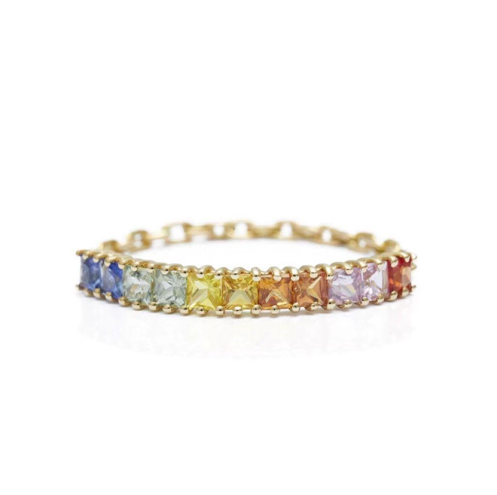 This newly arrived mini version of our beautifully handmade rainbow ring is modern and fun. When it's time to jazz up your accessories, this multi-colored rainbow ring will cheer you up any time. It looks incredible on hand! The name Sapphire means