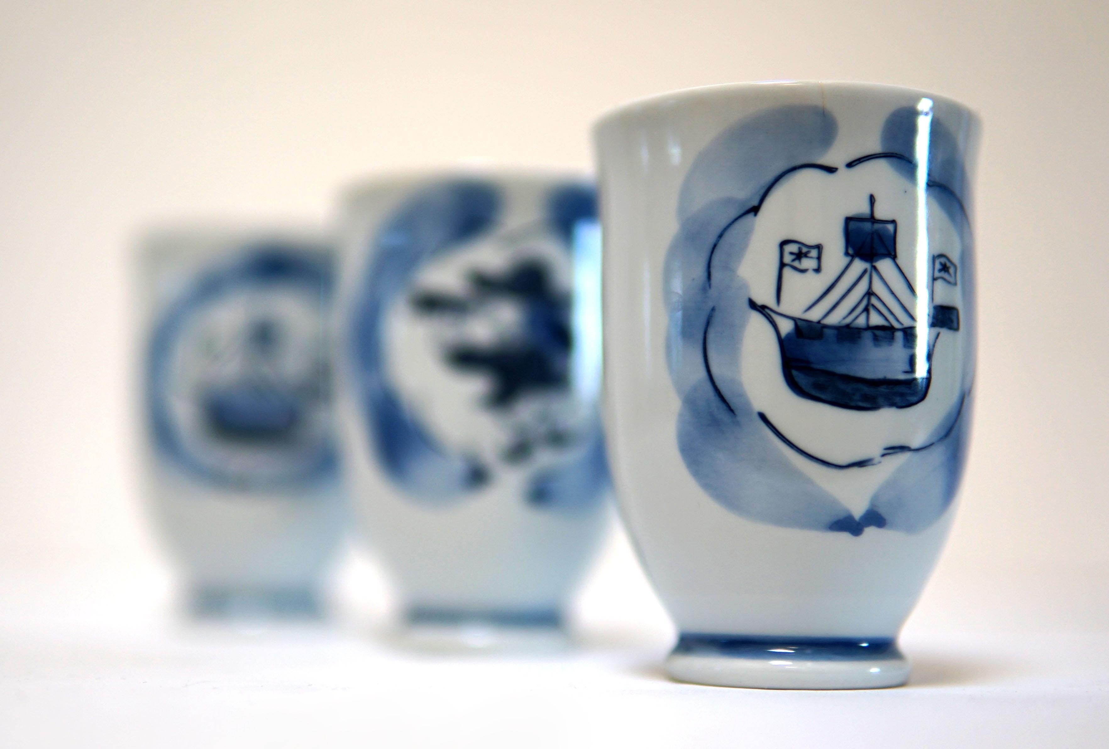 Chinese Export Yi Feng Studio Blue and White Porcelain Tea Cups Nautical Hand Painted Theme For Sale