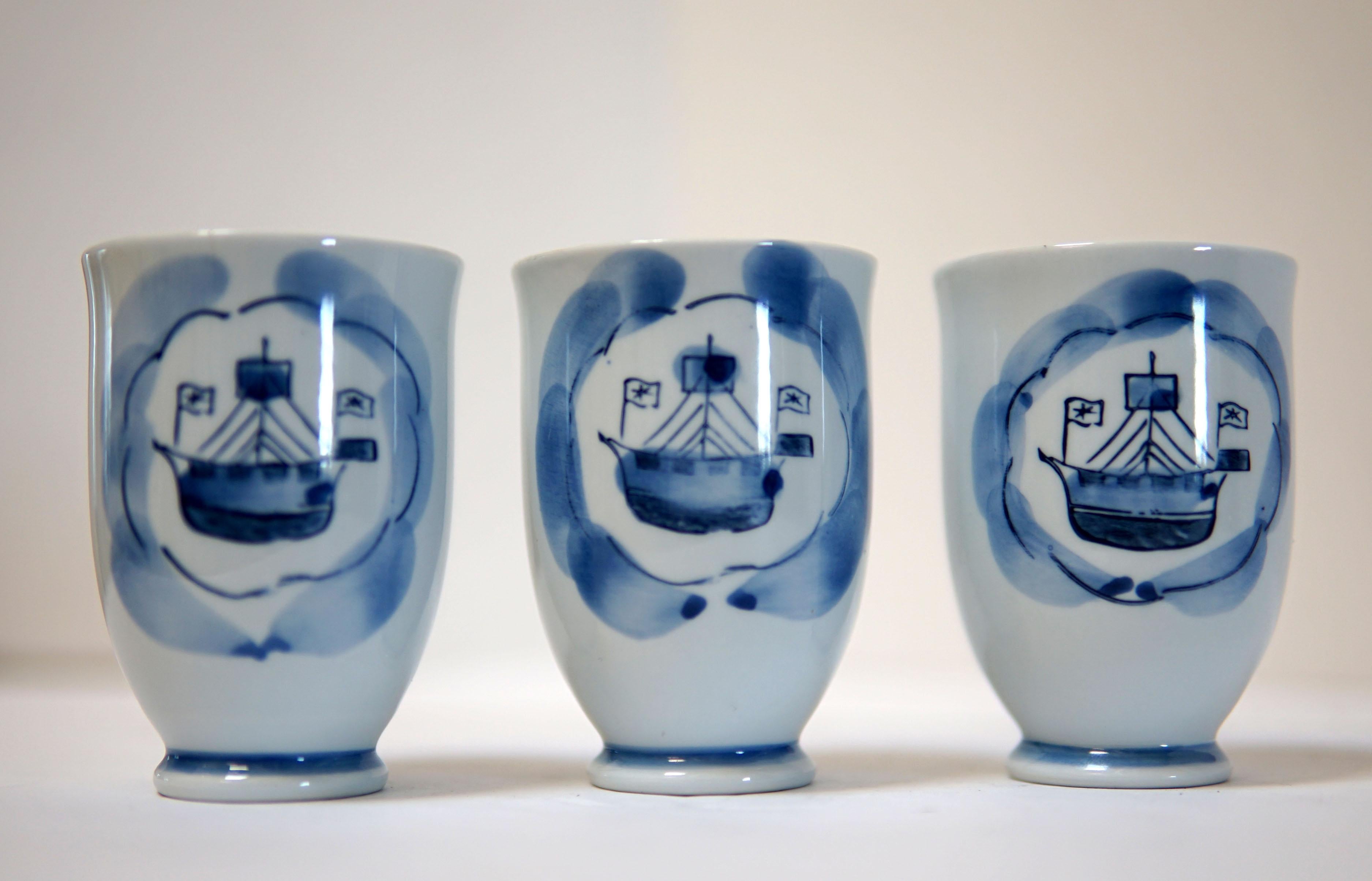 Yi Feng Studio Blue and White Porcelain Tea Cups Nautical Hand Painted Theme In Good Condition For Sale In Lomita, CA
