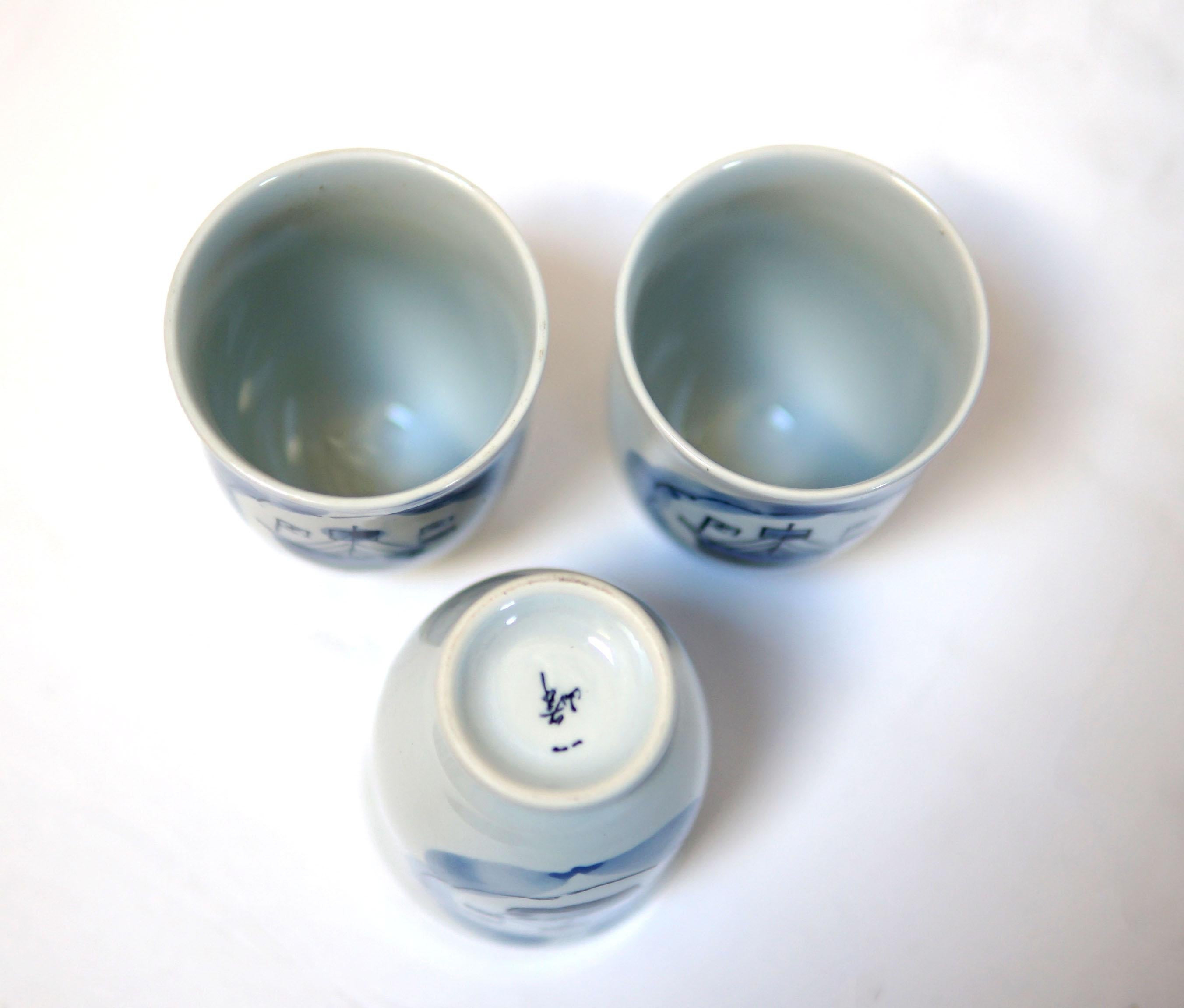 20th Century Yi Feng Studio Blue and White Porcelain Tea Cups Nautical Hand Painted Theme For Sale